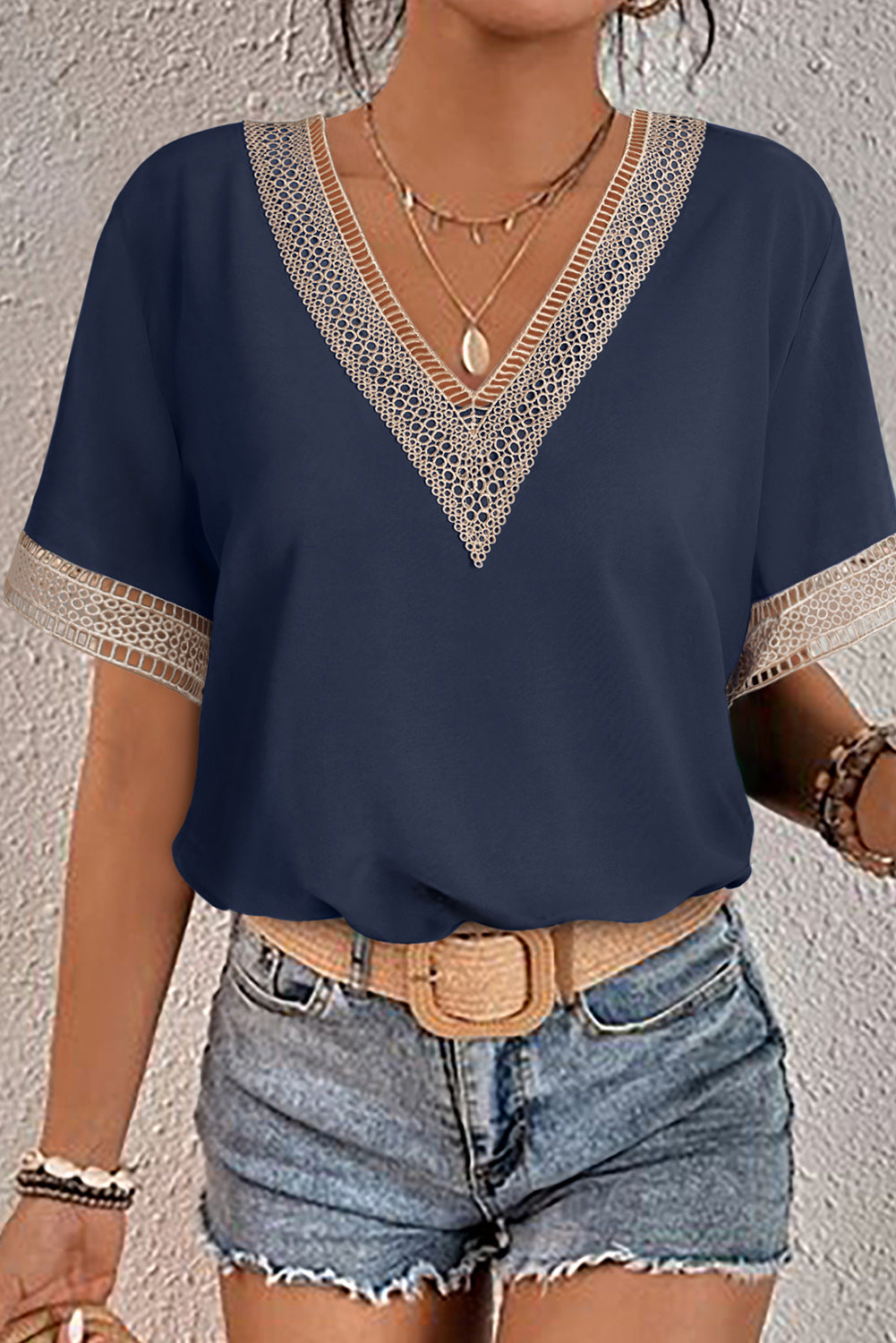 Blue Lace Trim V Neck Short Sleeve Blouse-Tops/Blouses & Shirts-[Adult]-[Female]-Blue-2-S-2022 Online Blue Zone Planet