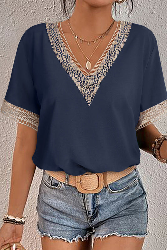 Blue Lace Trim V Neck Short Sleeve Blouse-Tops/Blouses & Shirts-[Adult]-[Female]-Blue-2-S-2022 Online Blue Zone Planet