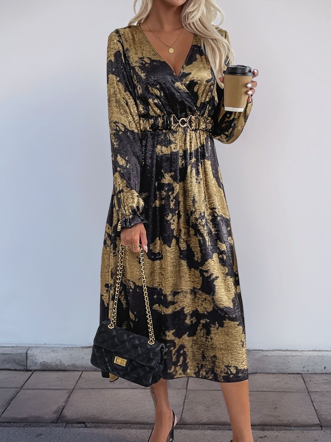 Perfee Printed Surplice Long Sleeve Midi Dress-TOPS / DRESSES-[Adult]-[Female]-2022 Online Blue Zone Planet