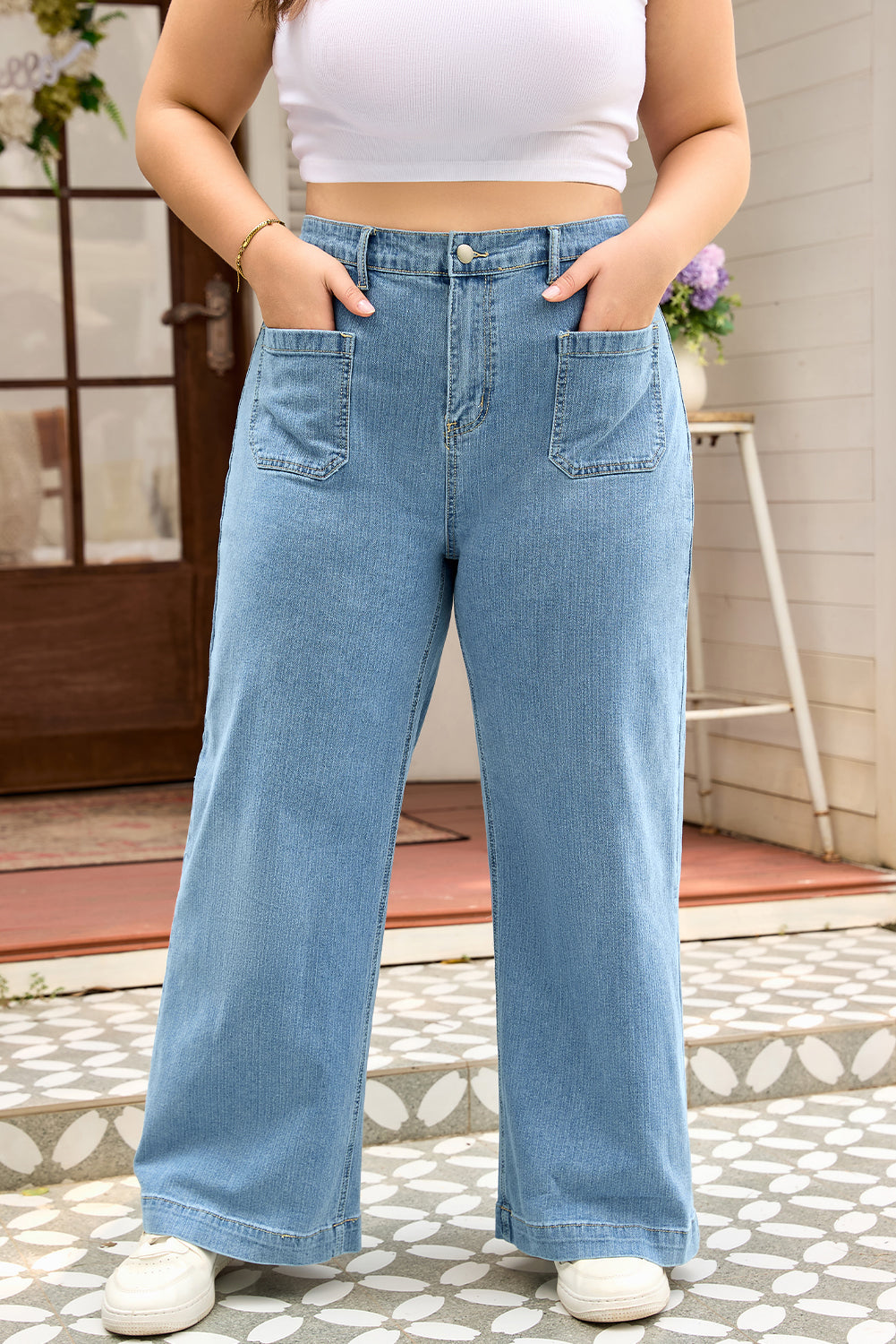 Dusk Blue Patched Pocket Textured Wide Leg Plus Size Jeans-Plus Size/Plus Size Bottoms-[Adult]-[Female]-Dusk Blue-1X-2022 Online Blue Zone Planet
