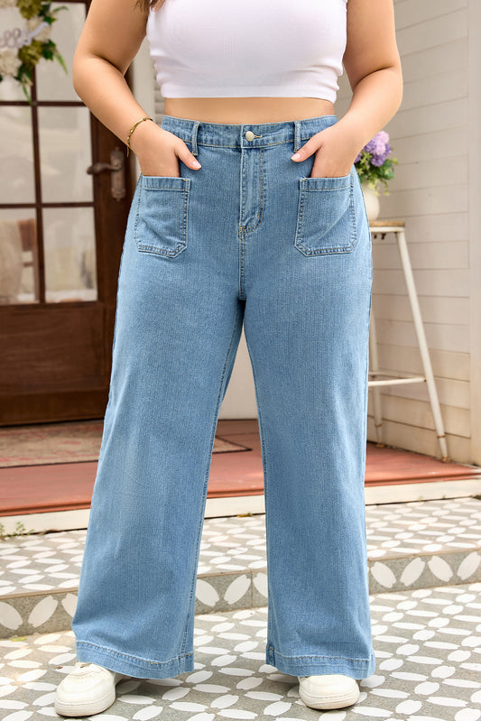 Dusk Blue Patched Pocket Textured Wide Leg Plus Size Jeans-Plus Size/Plus Size Bottoms-[Adult]-[Female]-Dusk Blue-1X-2022 Online Blue Zone Planet