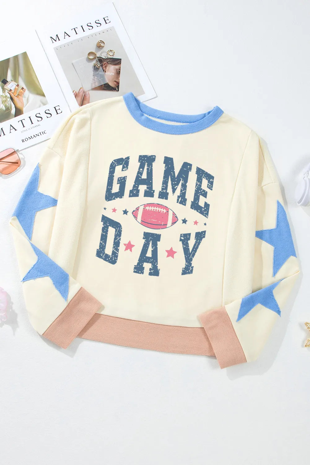 GAME DAY Star Patch Round Neck Long Sleeve Sweatshirt-TOPS / DRESSES-[Adult]-[Female]-2022 Online Blue Zone Planet