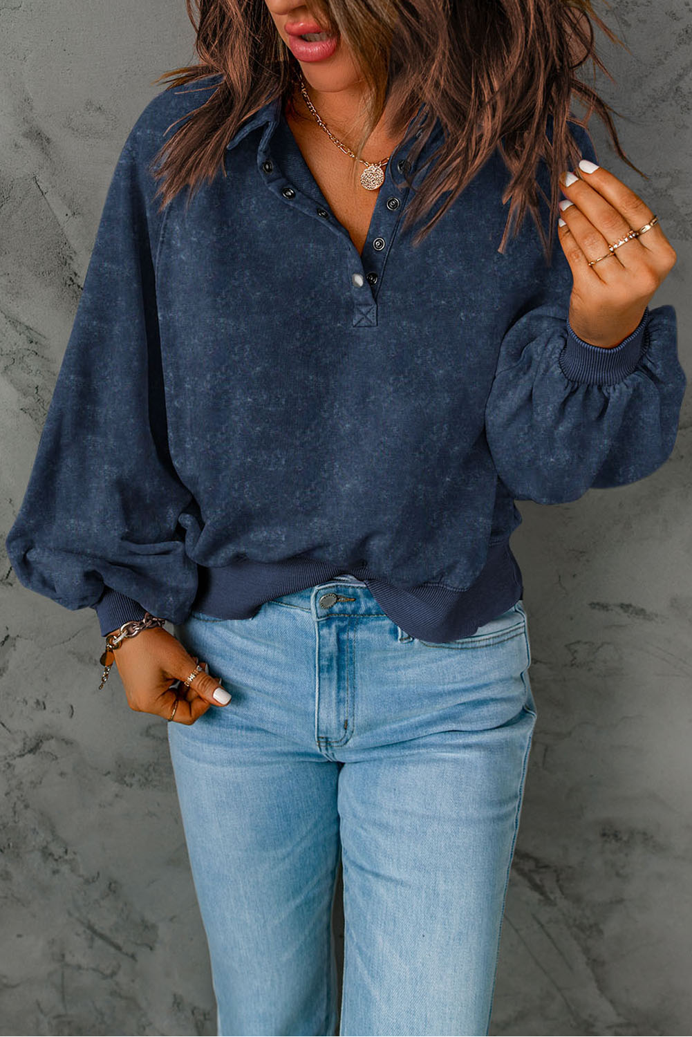 Blue Washed Snap Buttons Lantern Sleeve Pullover Sweatshirt-Tops/Sweatshirts & Hoodies-[Adult]-[Female]-2022 Online Blue Zone Planet