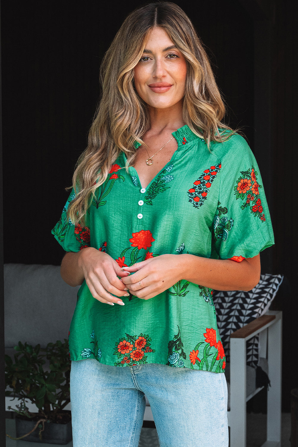Bright Green Floral Print Buttoned V Neck Short Sleeve Blouse-Tops/Blouses & Shirts-[Adult]-[Female]-2022 Online Blue Zone Planet