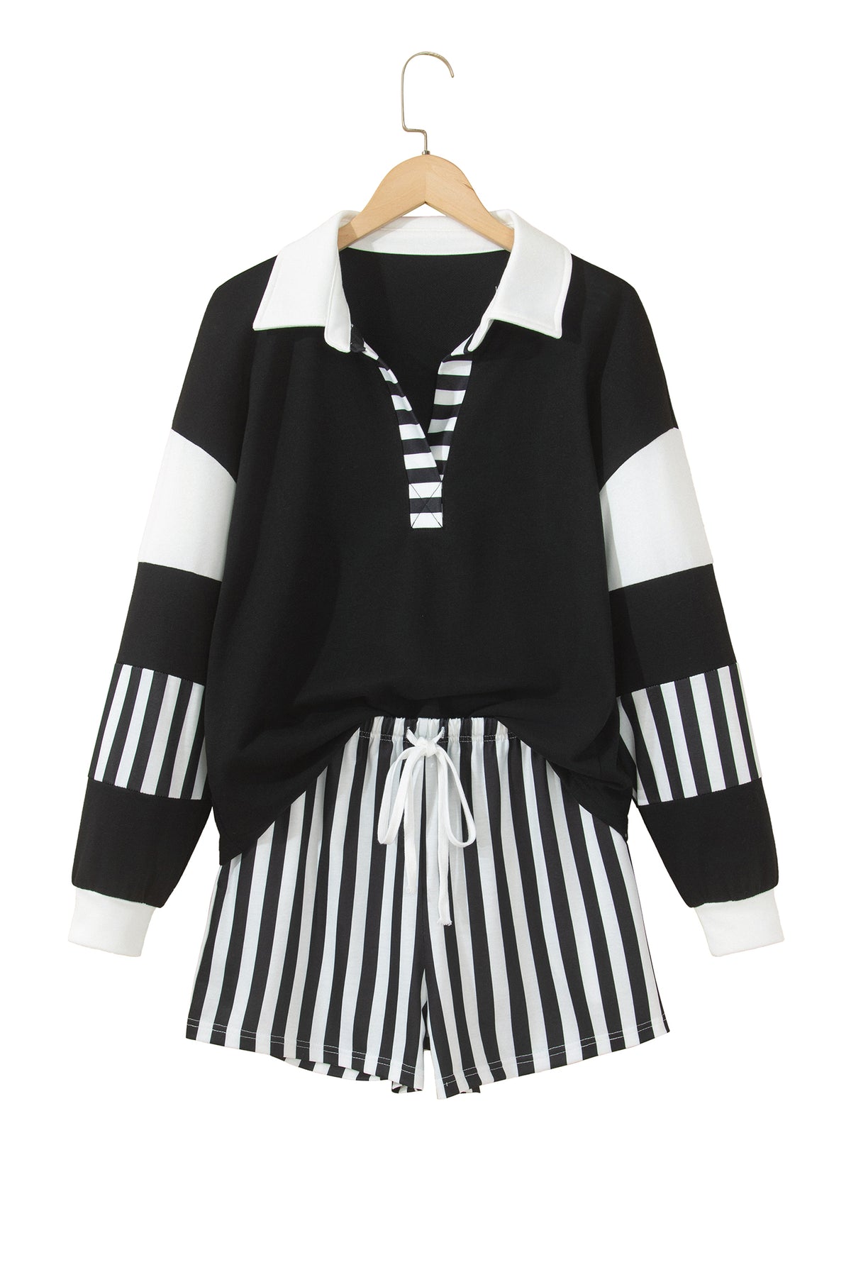 Black Striped Color Block Pullover Top Drawstring Shorts Set-Two Piece Sets/Short Sets-[Adult]-[Female]-2022 Online Blue Zone Planet