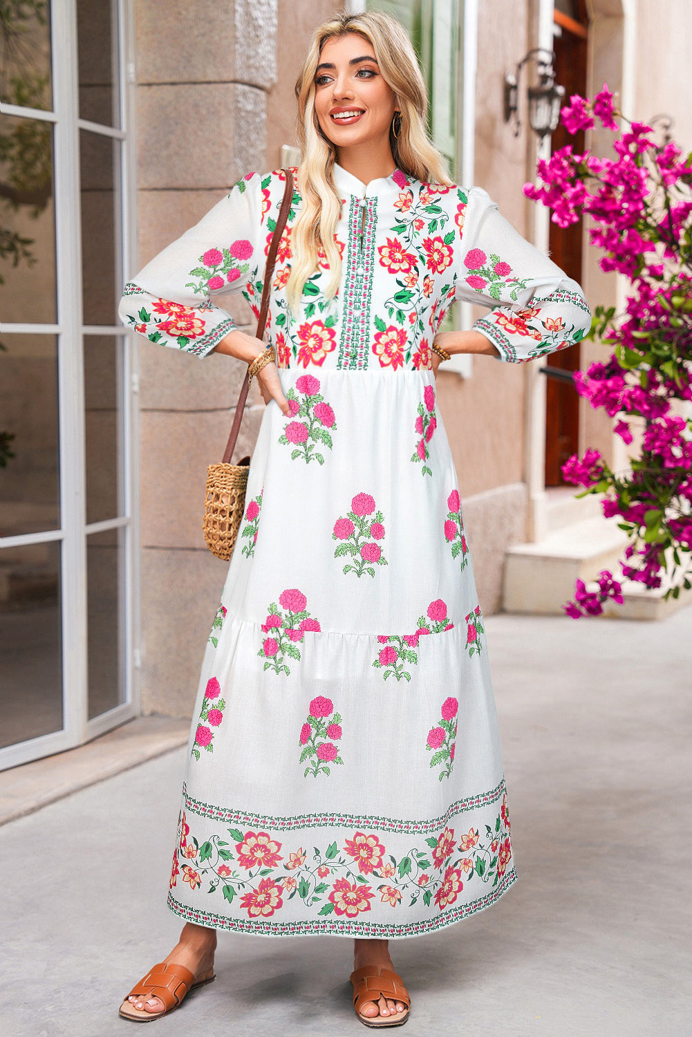 White Floral Print Loose Tiered Maxi Dress-Maxi Dresses-[Adult]-[Female]-2022 Online Blue Zone Planet