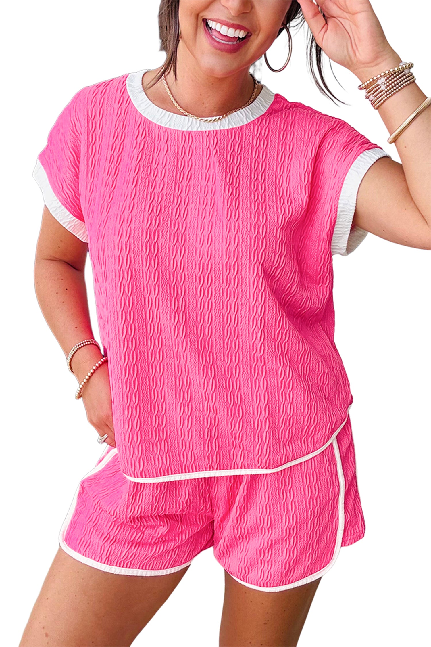 Bright Pink Textured Color Block Trim Loose Tee Drawstring Shorts 2pcs Set-Two Piece Sets/Short Sets-[Adult]-[Female]-2022 Online Blue Zone Planet