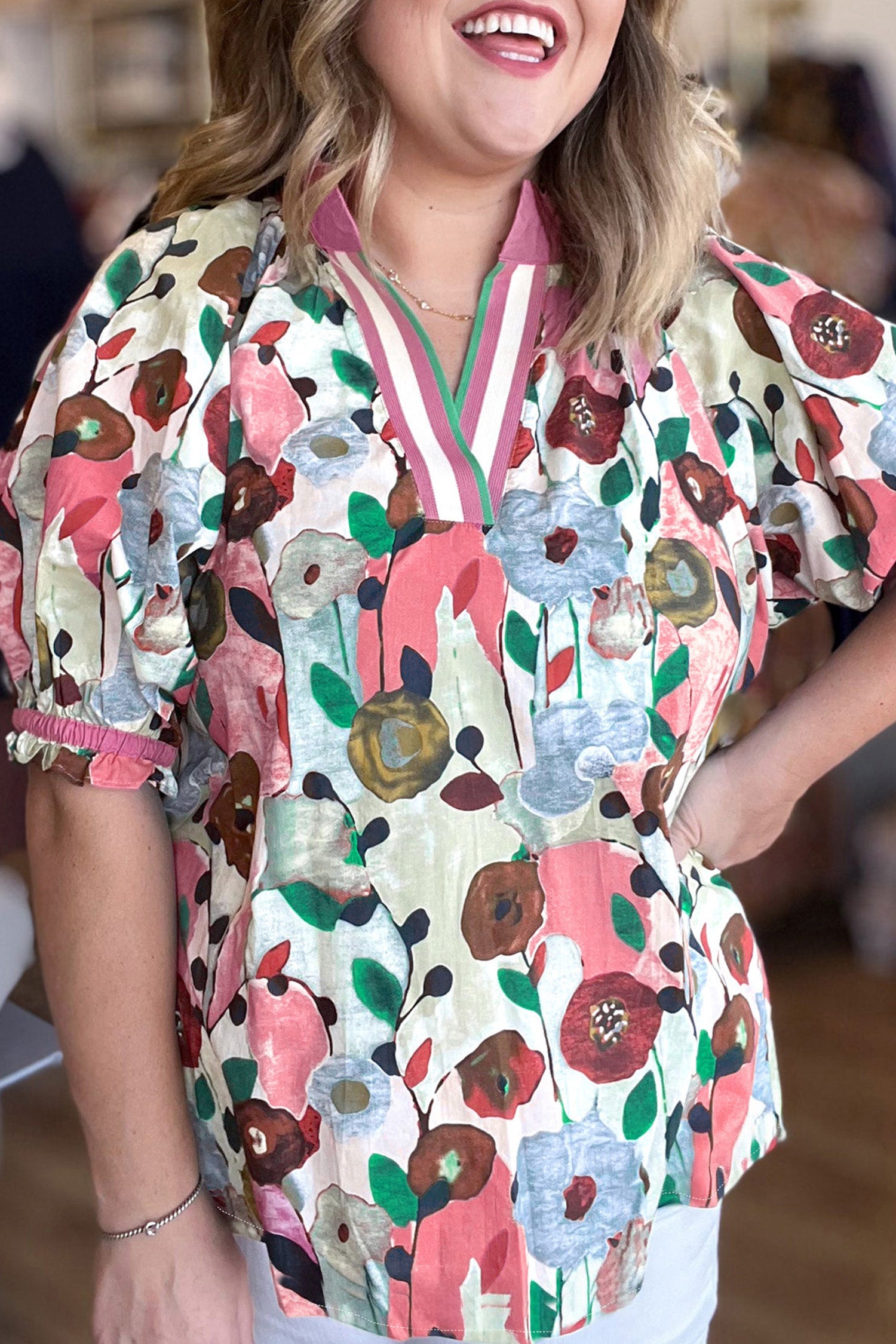 Pink V Neck Short Puff Sleeve Plus Size Floral Blouse-Plus Size/Plus Size Tops/Plus Size Blouses & Shirts-[Adult]-[Female]-Pink-1X-2022 Online Blue Zone Planet