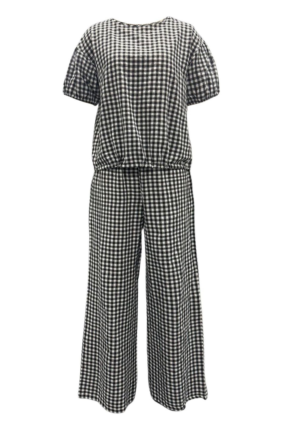 Full Size Plaid Round Neck Half Sleeve Top and Pants Set-TOPS / DRESSES-[Adult]-[Female]-2022 Online Blue Zone Planet