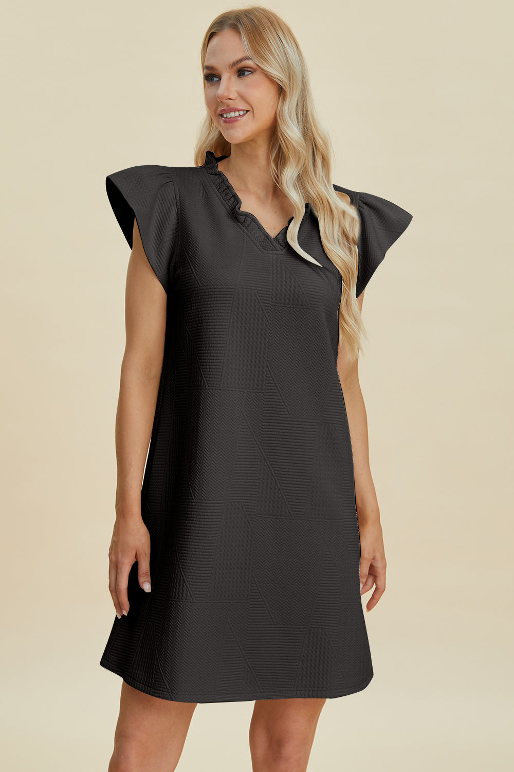 Double Take Full Size Ruffled V-Neck Cap Sleeve Dress-TOPS / DRESSES-[Adult]-[Female]-Black-S-2022 Online Blue Zone Planet