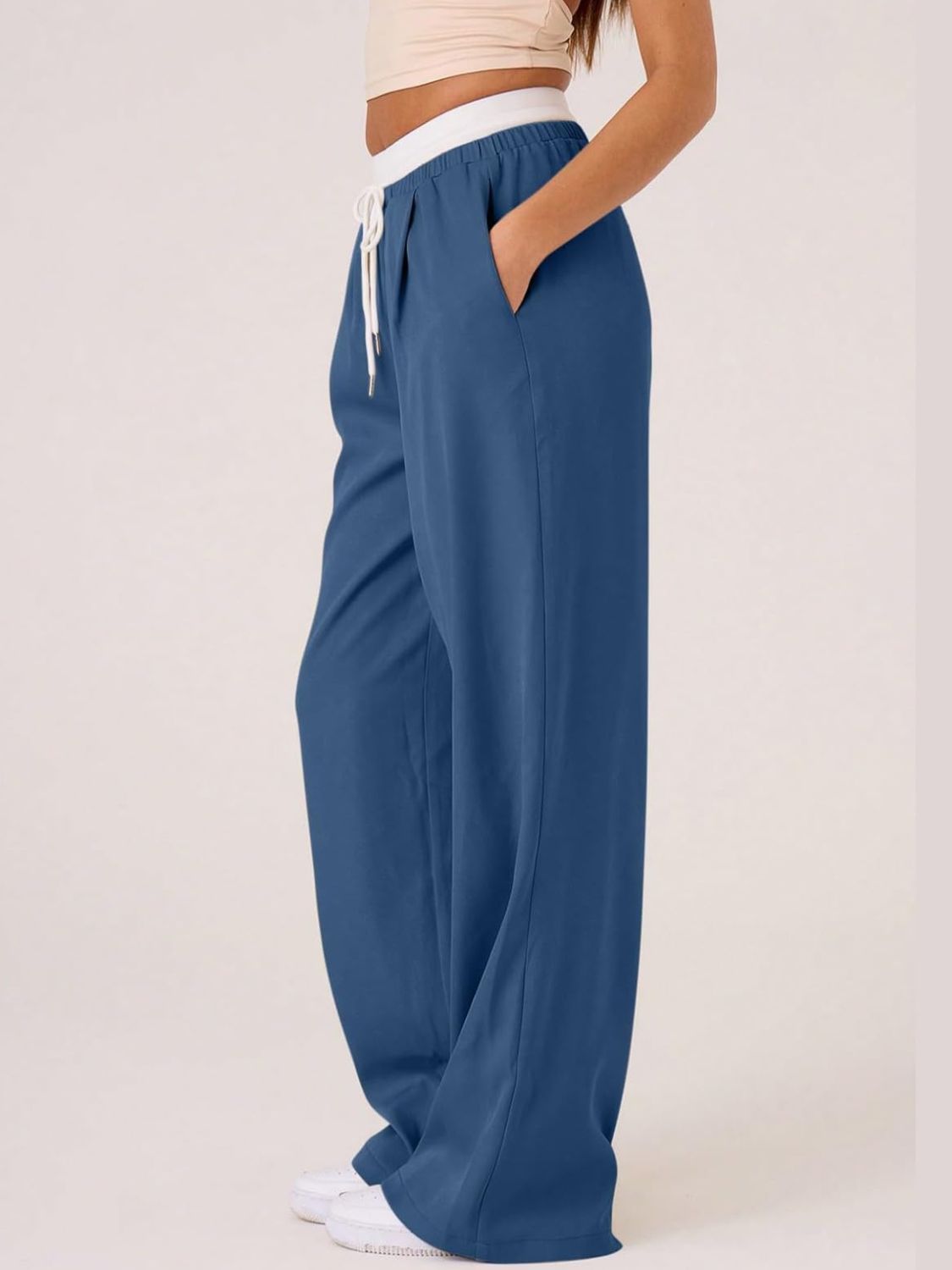 Contrast Waistband Drawstring Wide Leg Pants-BOTTOMS SIZES SMALL MEDIUM LARGE-[Adult]-[Female]-2022 Online Blue Zone Planet