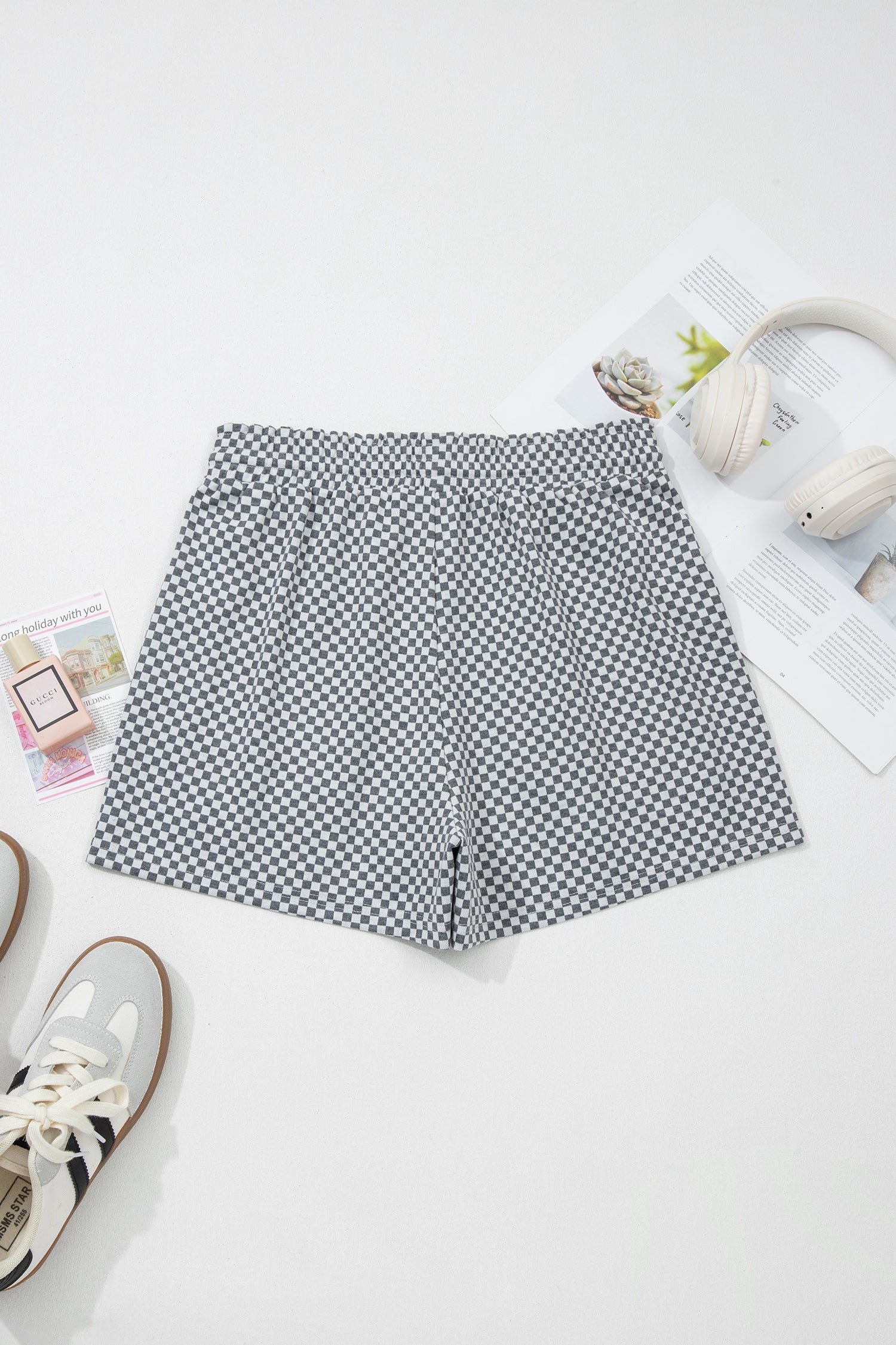Gray Checkerboard Print Drawstring Elastic Waist Pocketed Shorts-Bottoms/Casual Shorts-[Adult]-[Female]-2022 Online Blue Zone Planet