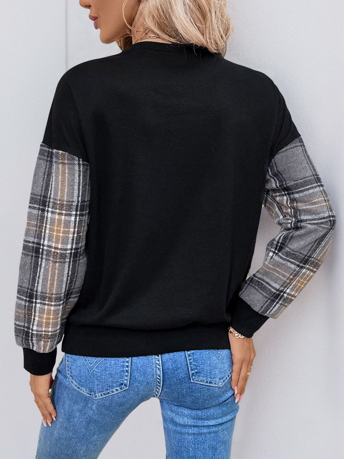 Perfee Plaid Round Neck Long Sleeve Sweatshirt-TOPS / DRESSES-[Adult]-[Female]-2022 Online Blue Zone Planet