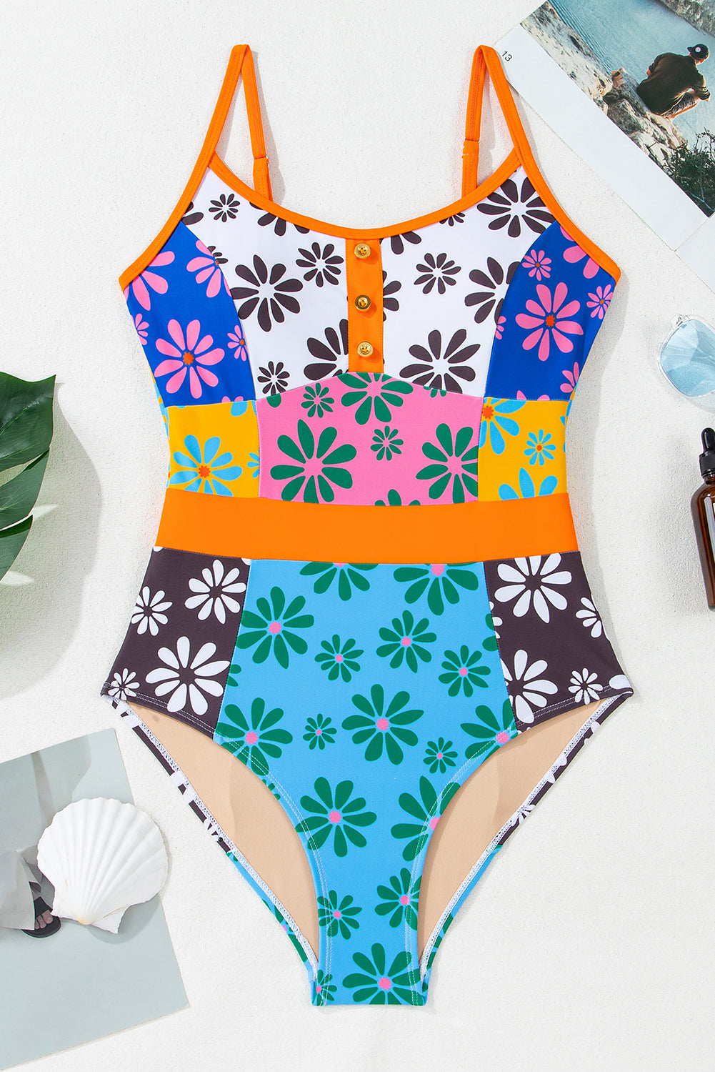 Orange Floral Colorblock Buttoned Front Spaghetti Straps Swimsuit-One-Piece-[Adult]-[Female]-2022 Online Blue Zone Planet