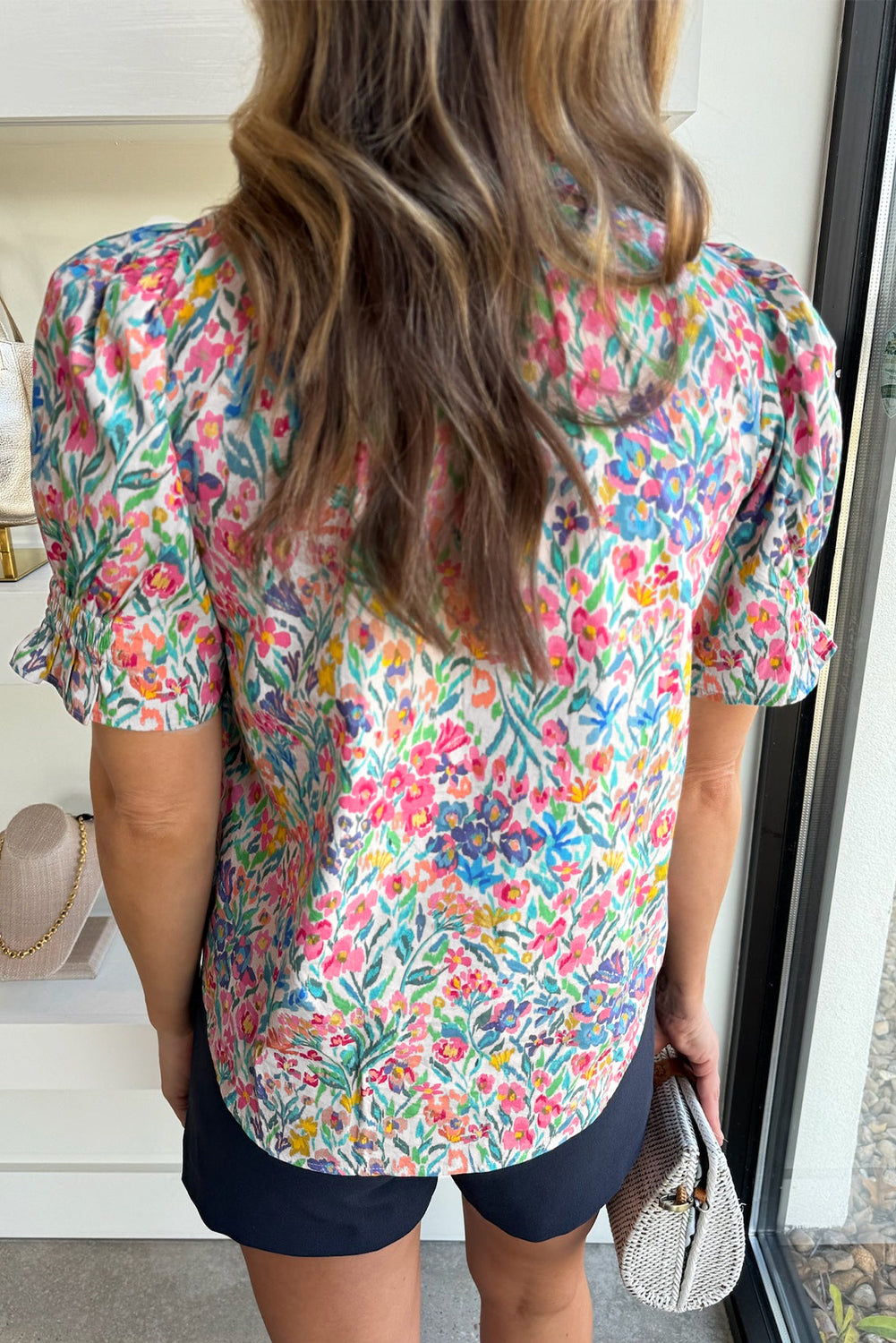 Blue Zone Planet |  Pink Floral Print Button Split Neck Puff Sleeve Blouse Blue Zone Planet