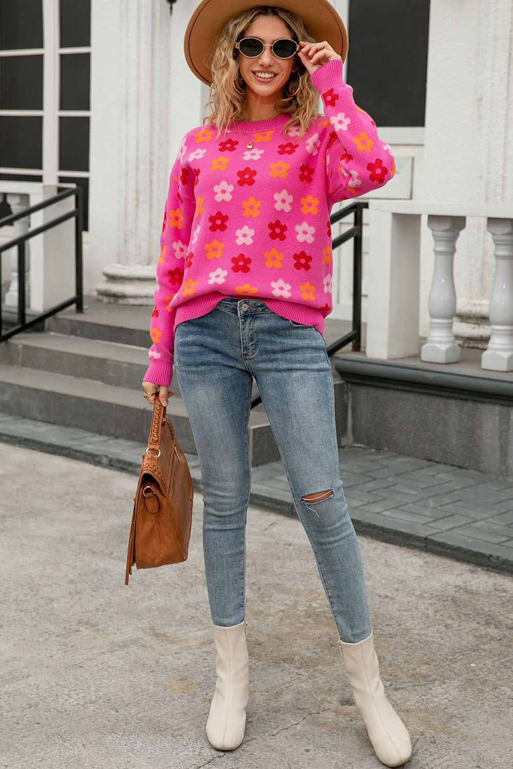Rose Cute Flower Allover Ribbed Trimmed Drop Shoulder Pullover Sweater-TOPS / DRESSES-[Adult]-[Female]-2022 Online Blue Zone Planet