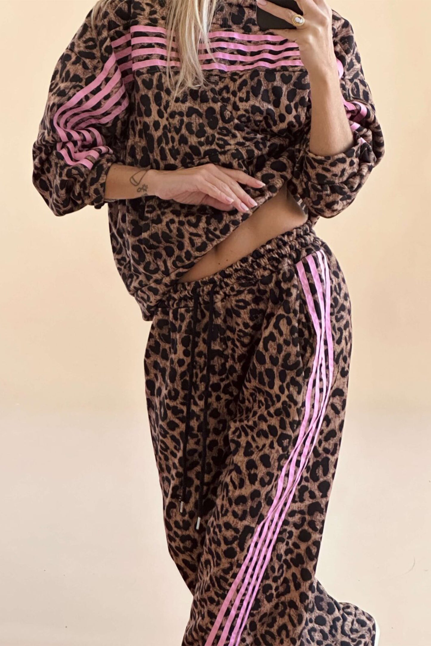 Brown Leopard Print Contrast Striped Detail Long Sleeve Top Pant Set-Two Piece Sets/Pant Sets-[Adult]-[Female]-2022 Online Blue Zone Planet
