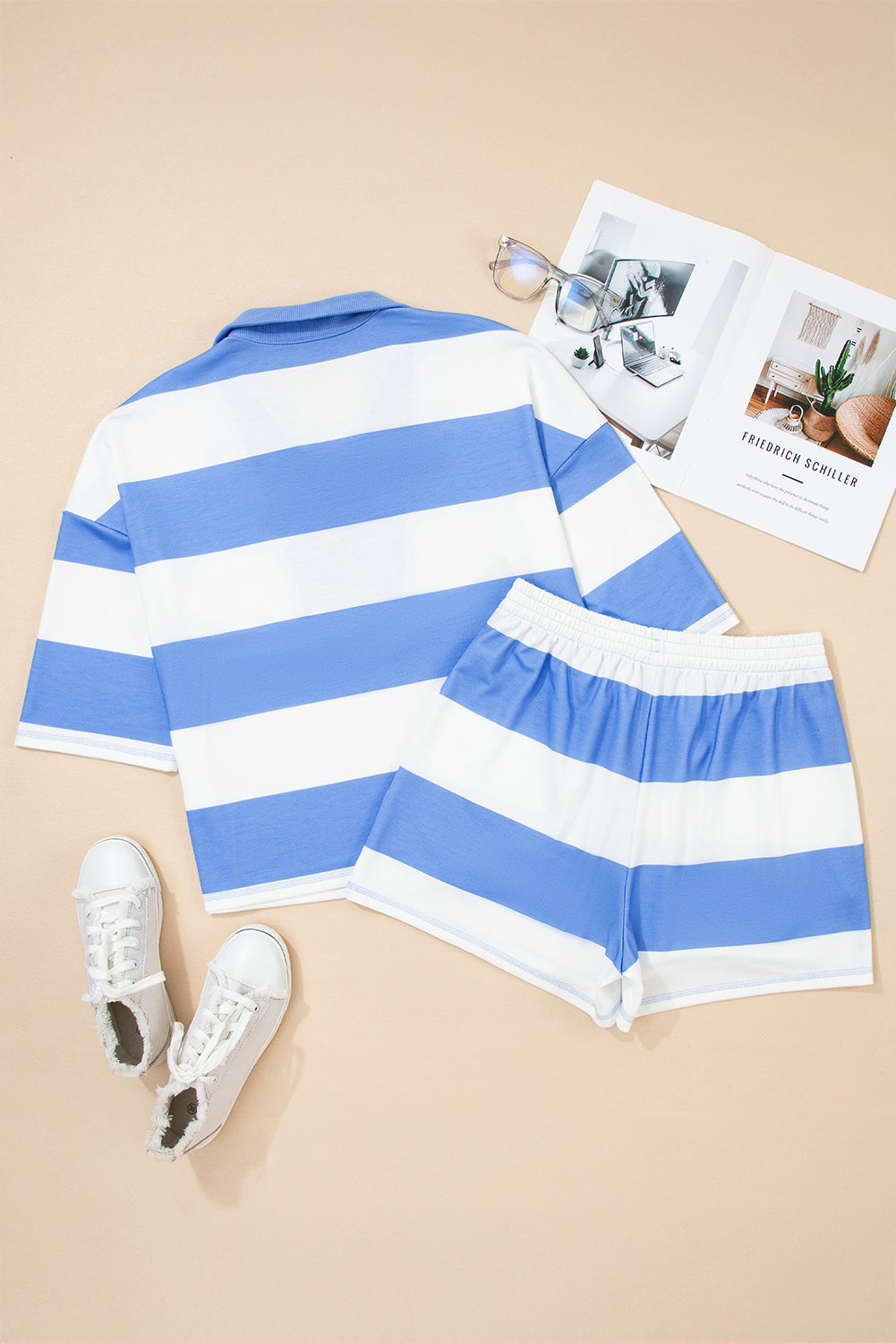Sky Blue Stripe Seam Detail Half Zip Oversize Tee Casual Shorts 2pcs Set-Two Piece Sets/Short Sets-[Adult]-[Female]-2022 Online Blue Zone Planet