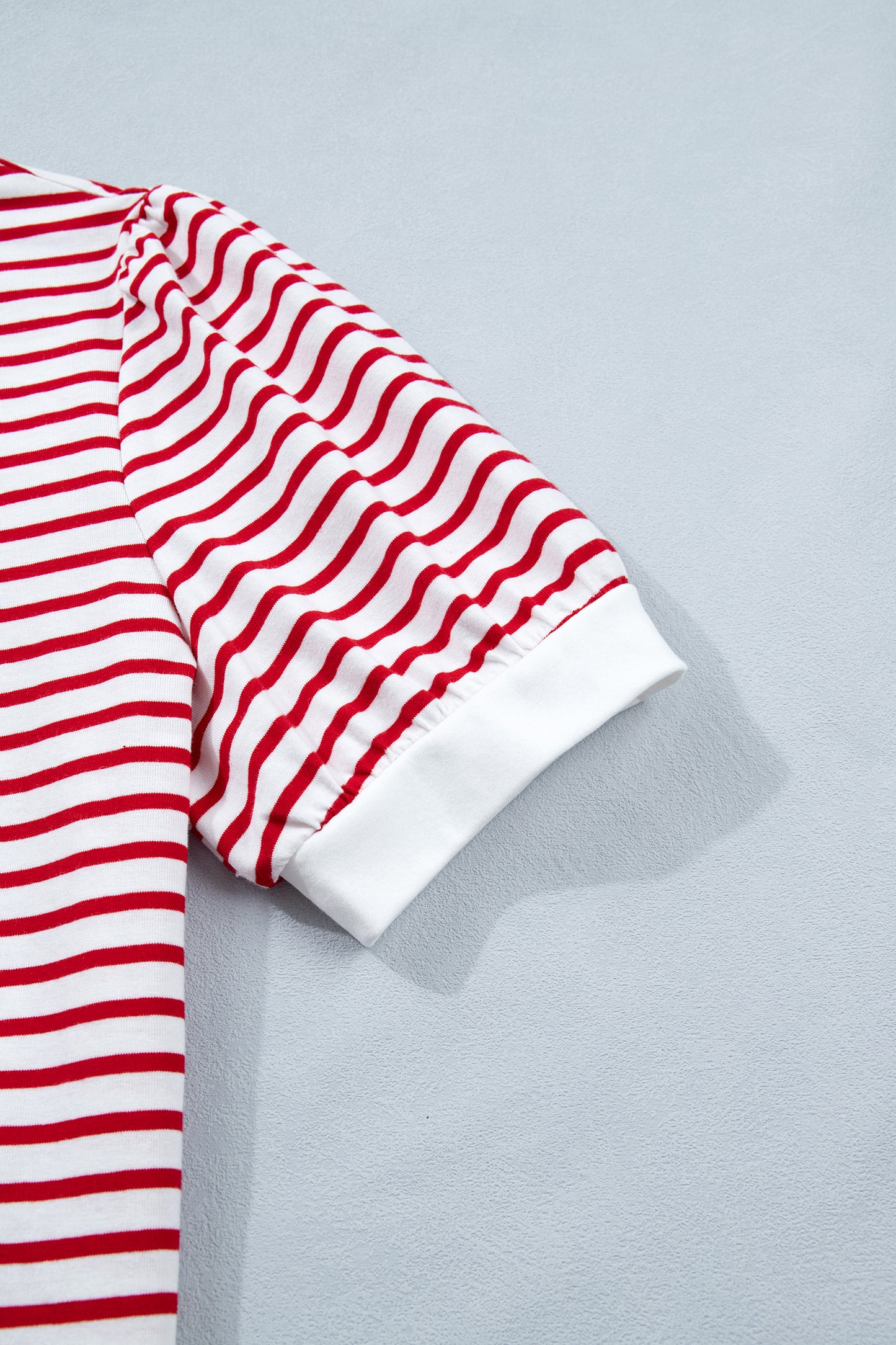 Red Stripe Contrast Trim Round Neck Short Puff Sleeve T Shirt-Tops/Tops & Tees-[Adult]-[Female]-2022 Online Blue Zone Planet