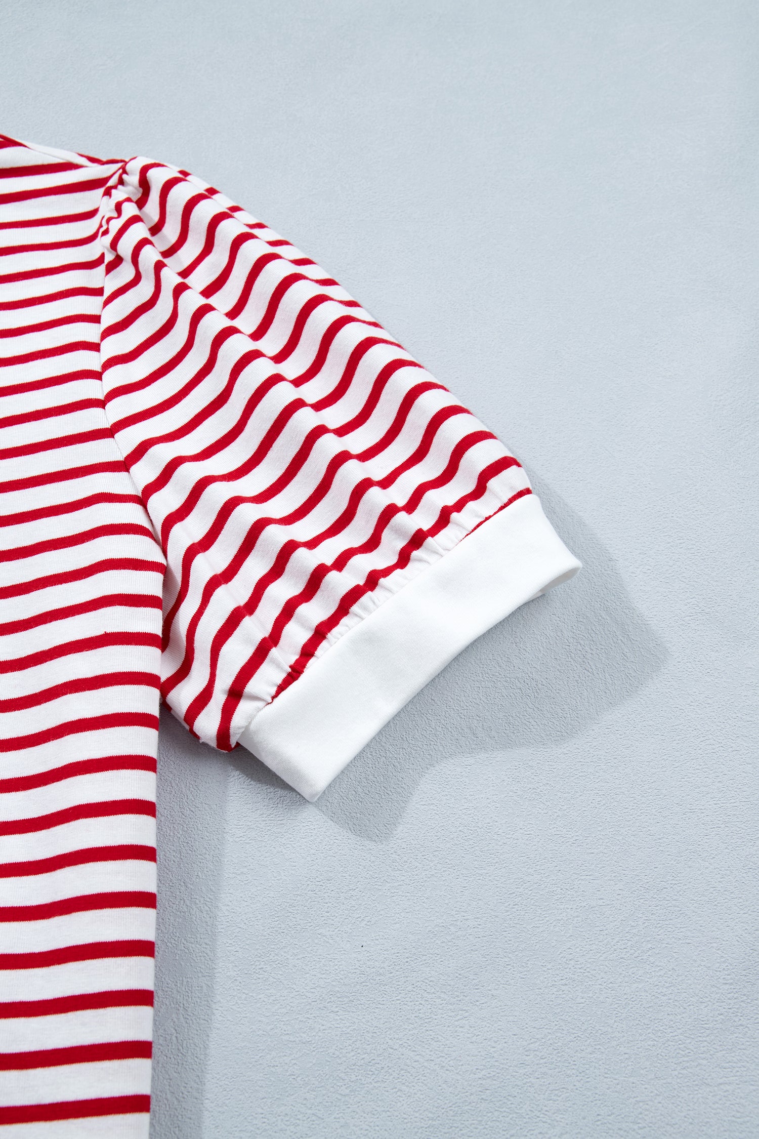 Red Stripe Contrast Trim Round Neck Short Puff Sleeve T Shirt-Tops/Tops & Tees-[Adult]-[Female]-2022 Online Blue Zone Planet