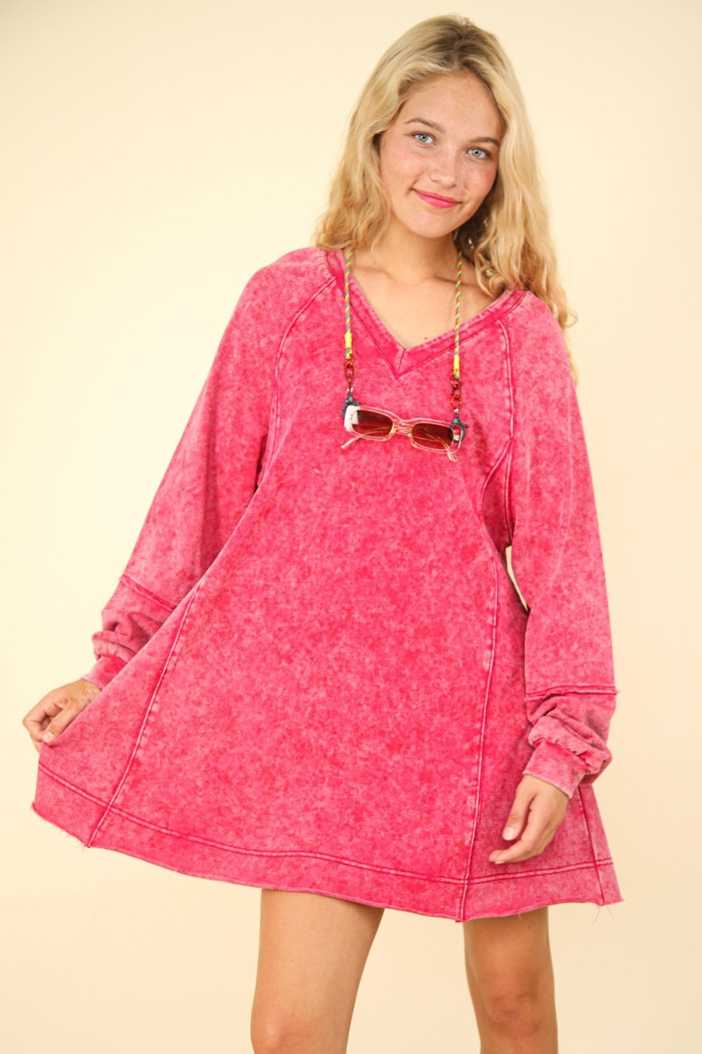 VERY J Mineral Washed Oversized A-Line Mini Dress-TOPS / DRESSES-[Adult]-[Female]-Magenta-S-2022 Online Blue Zone Planet