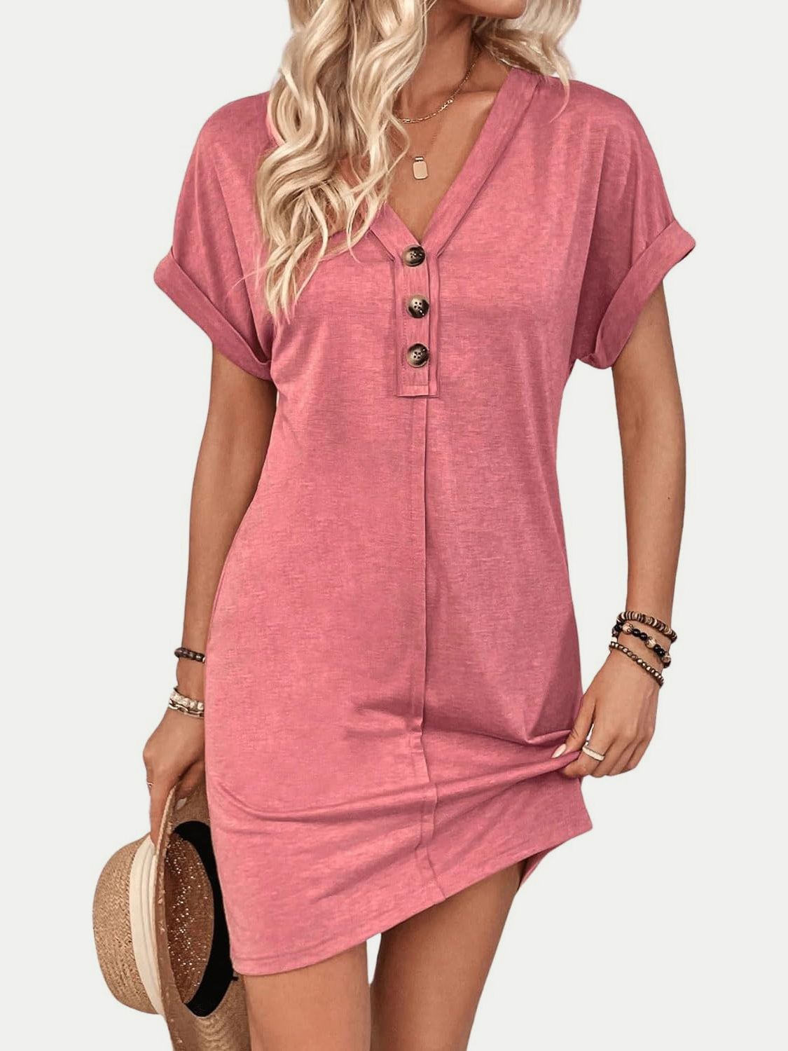 Quarter Button V-Neck Short Sleeve Dress-TOPS / DRESSES-[Adult]-[Female]-2022 Online Blue Zone Planet