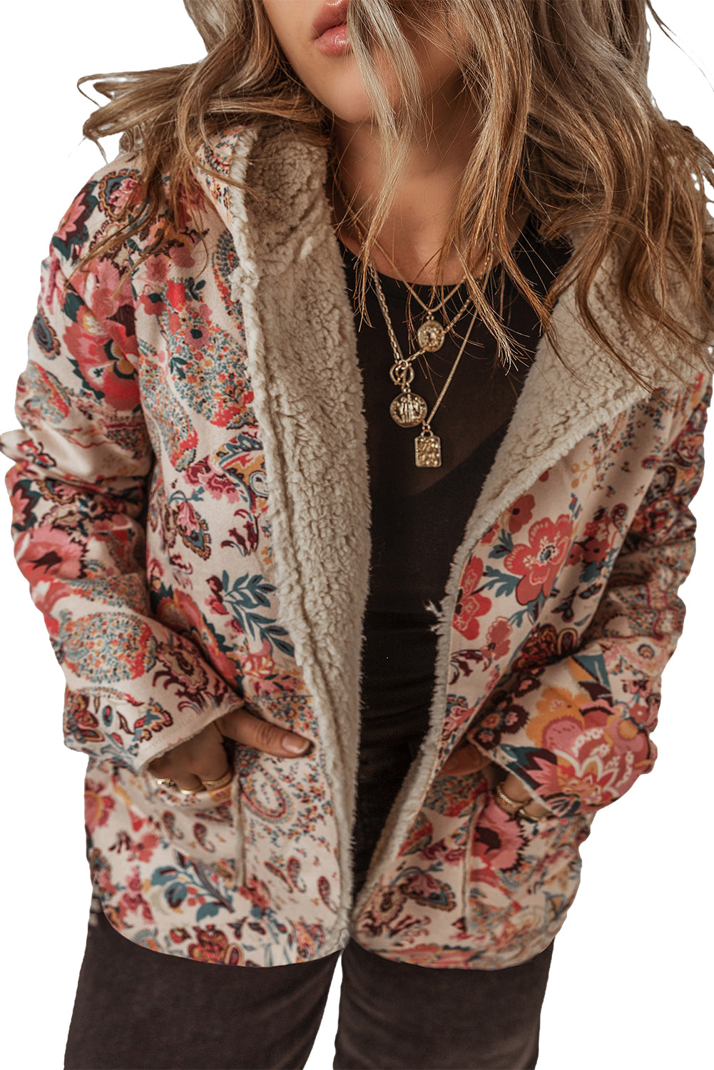 Blue Zone Planet | Beige Vintage Paisley Floral Printed Sherpa Lined Hooded Jacket-Jackets-[Adult]-[Female]-2022 Online Blue Zone Planet