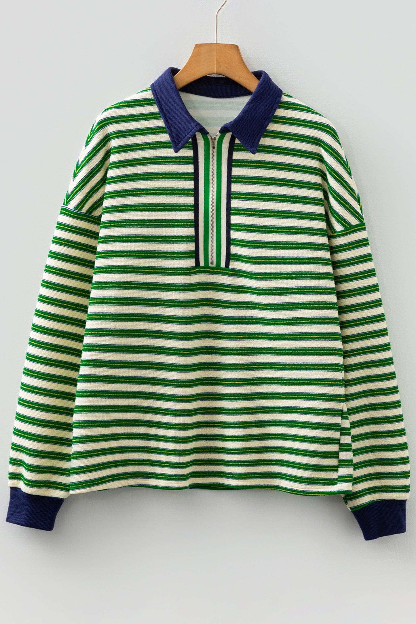 Dark Green Striped Print Contrast Collar Zip V Neck Long Sleeve Top-Tops/Long Sleeve Tops-[Adult]-[Female]-2022 Online Blue Zone Planet