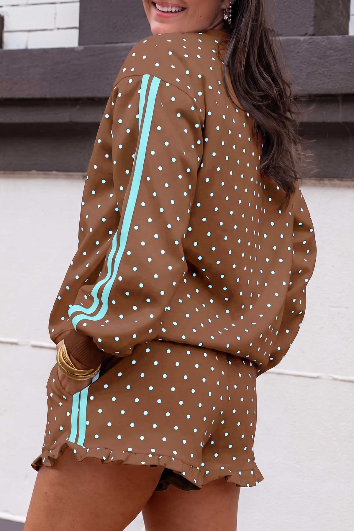 Brown Polka Dot Print Side Stripe Detail Casual Sweatshirt 2pcs Short Set-Two Piece Sets/Short Sets-[Adult]-[Female]-2022 Online Blue Zone Planet