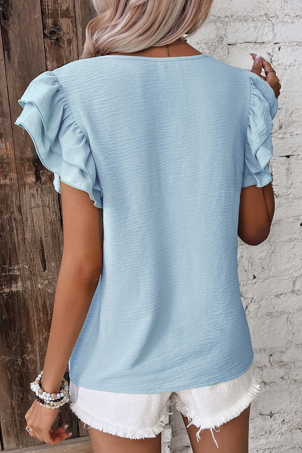 Mist Blue Solid Color Ruffled Short Sleeve Casual Blouse-Tops/Blouses & Shirts-[Adult]-[Female]-2022 Online Blue Zone Planet