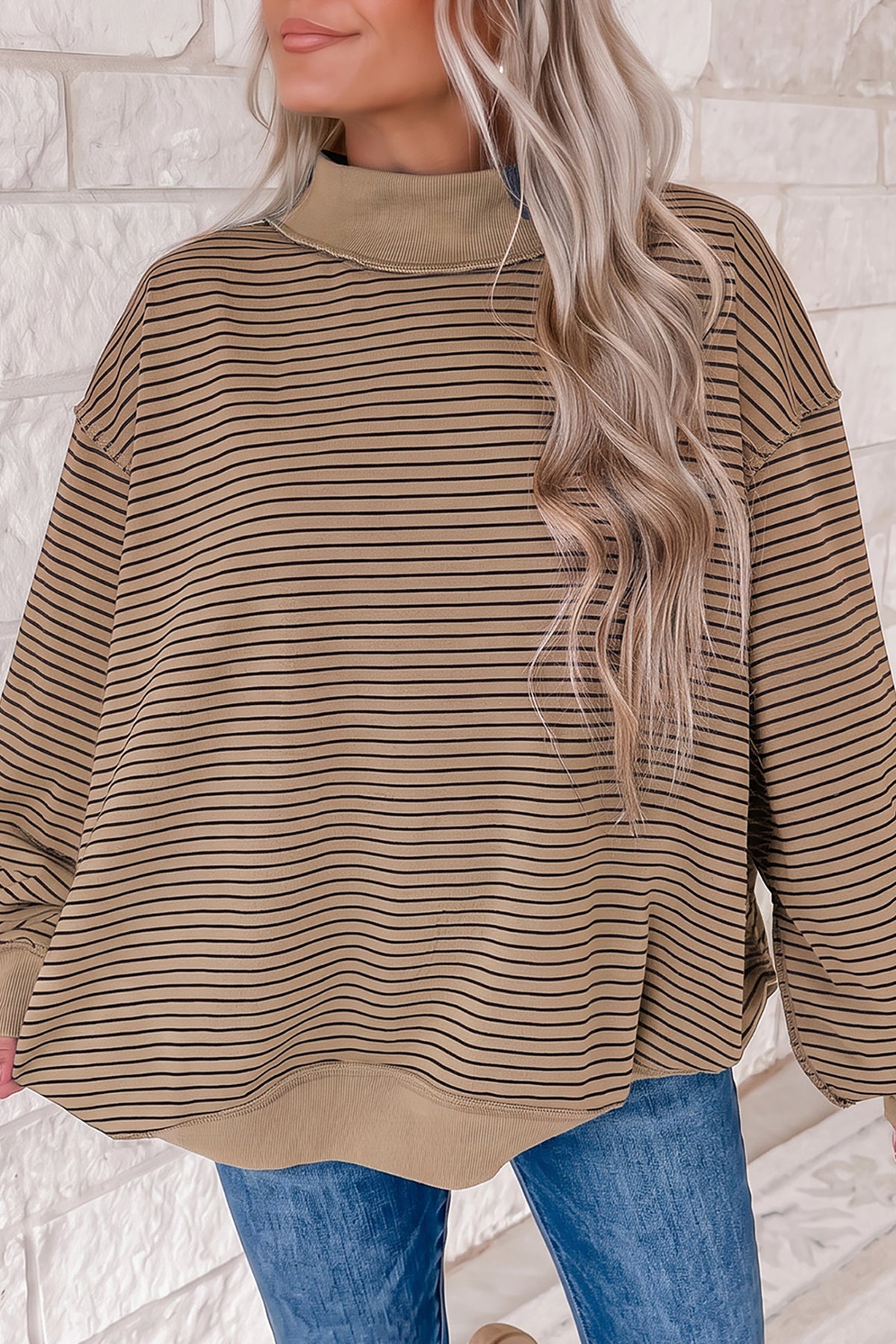 Khaki Stripe Ribbed Color Block Mock Neck Oversized Sweatshirt-Tops/Sweatshirts & Hoodies-[Adult]-[Female]-Khaki Stripe-S-2022 Online Blue Zone Planet