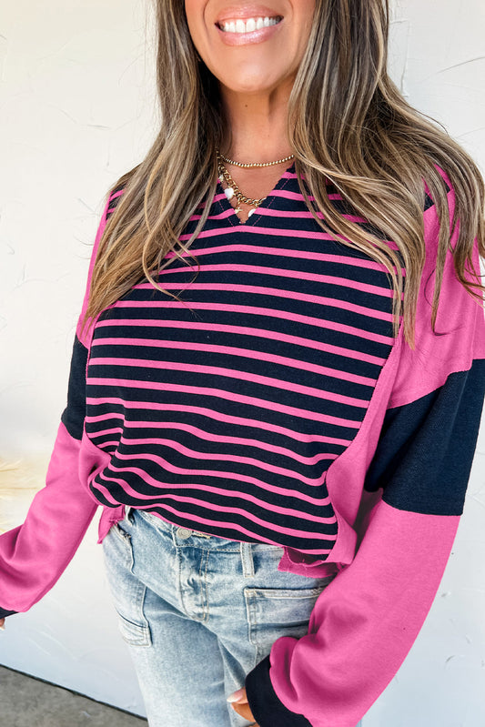 Pink Stripe Color Block V Neck Loose Fit Long Sleeve Top-Tops/Long Sleeve Tops-[Adult]-[Female]-Pink Stripe-S-2022 Online Blue Zone Planet