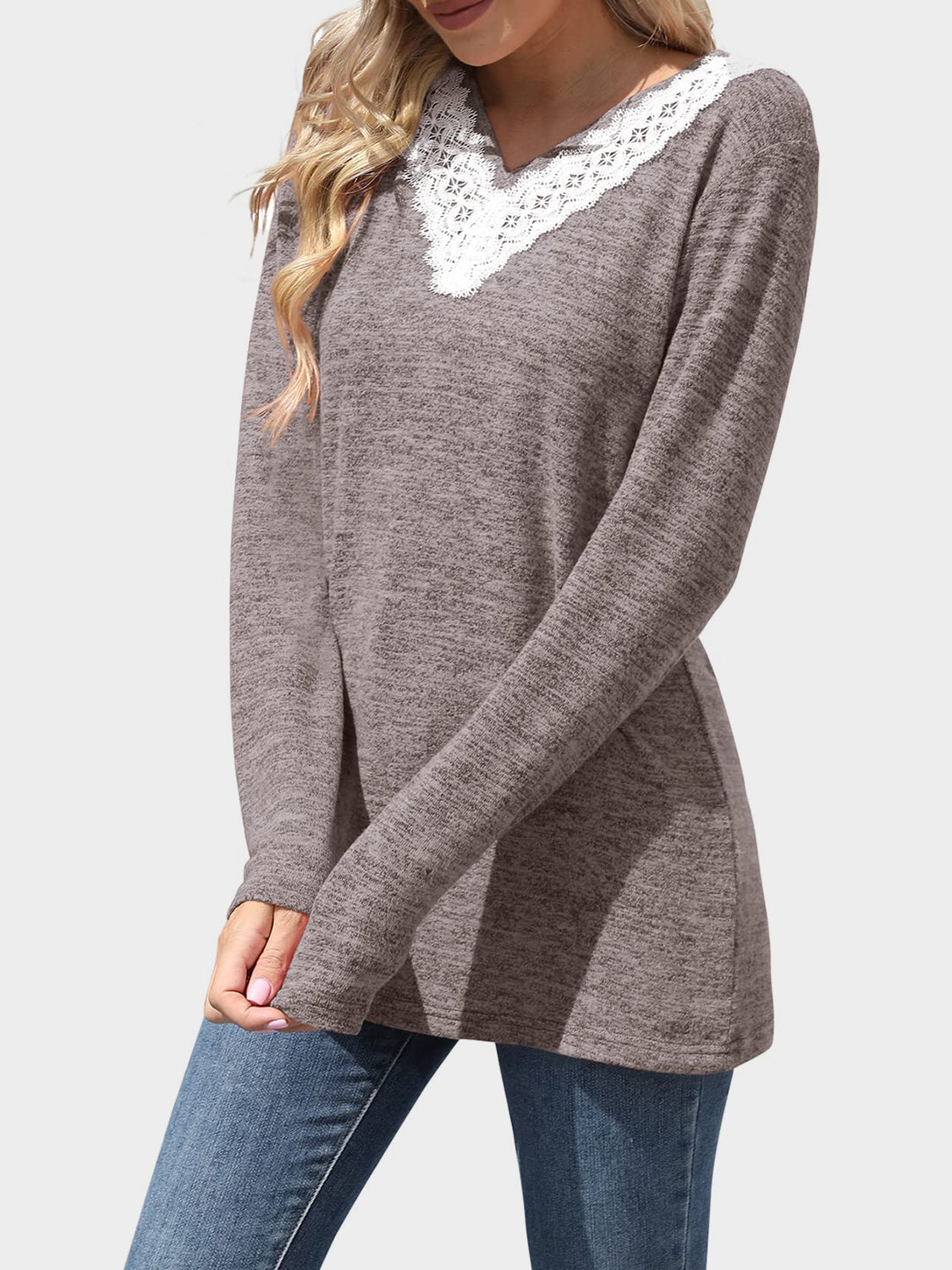 Lace Detail V-Neck Long Sleeve T-Shirt-TOPS / DRESSES-[Adult]-[Female]-Mocha-S-2022 Online Blue Zone Planet