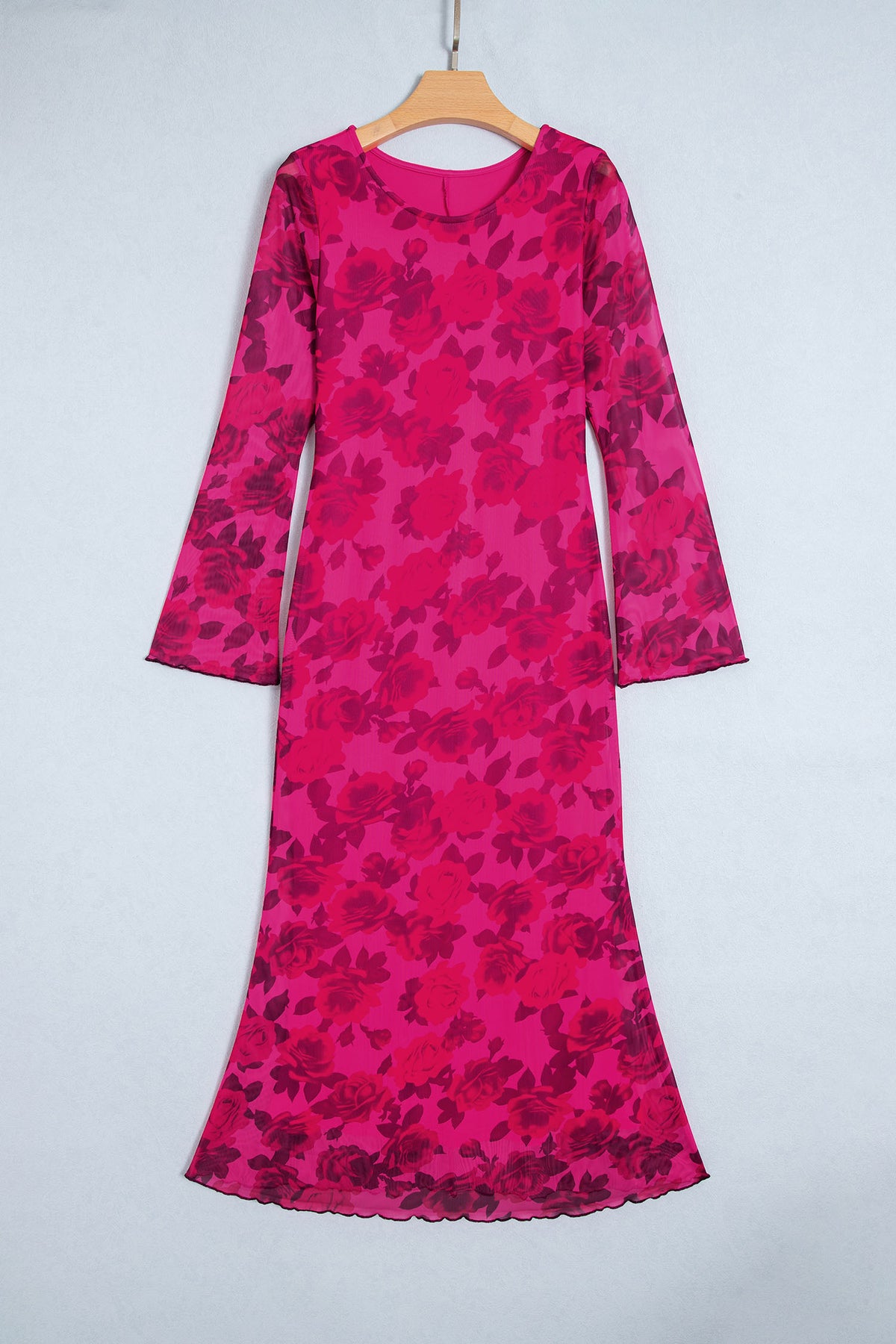 Red Floral Print Cuff Hem Serging Long Sleeve Sheath Dress-TOPS / DRESSES-[Adult]-[Female]-2022 Online Blue Zone Planet