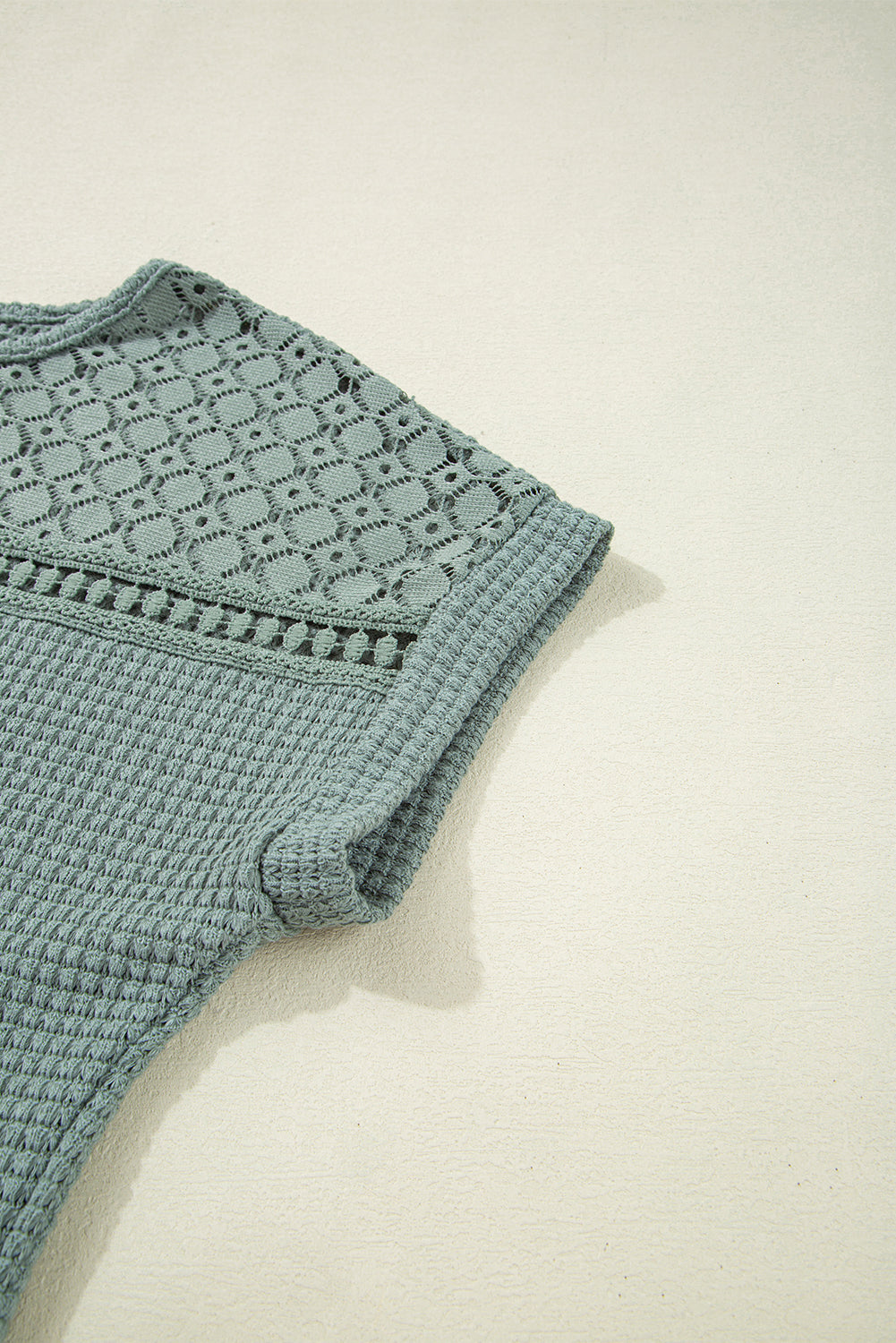 Mist Green Lace Patchwork Waffle Short Sleeve Top-Tops/Tops & Tees-[Adult]-[Female]-2022 Online Blue Zone Planet
