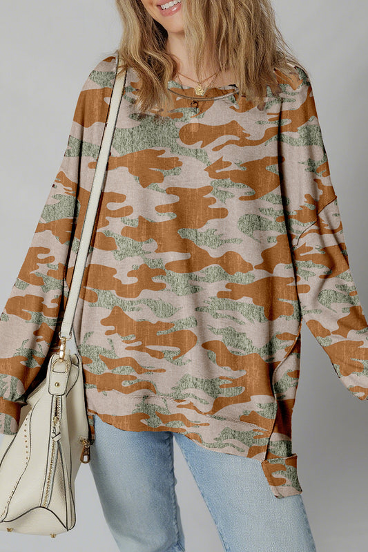 Brown Retro Camouflage Print Exposed Seam Patchwork Drop Shoulder Sweatshirt-Tops/Sweatshirts & Hoodies-[Adult]-[Female]-Brown-S-2022 Online Blue Zone Planet