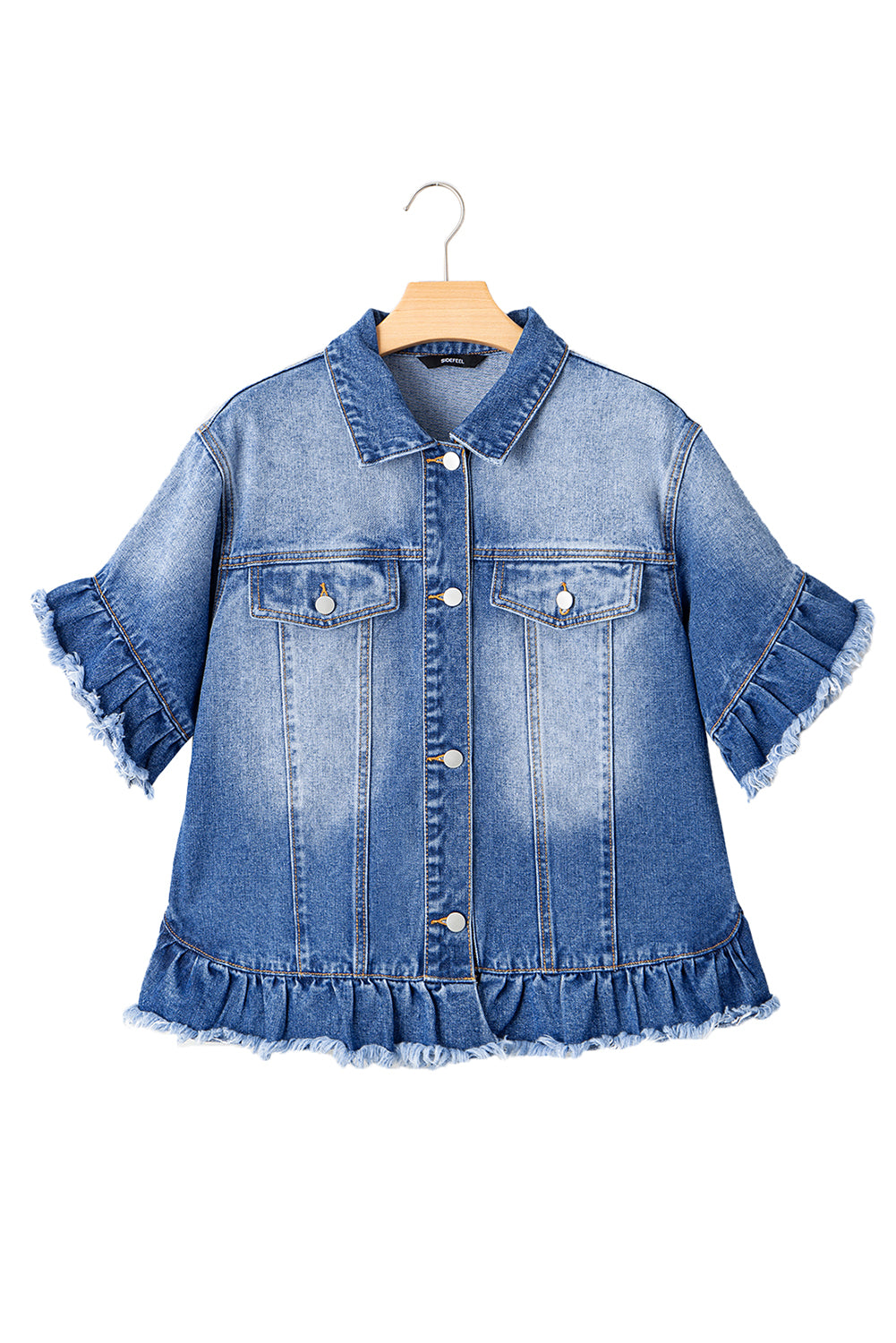 Blue Zone Planet | Peacock Blue Raw Edge Ruffled Short Sleeve Denim Jacket-Outerwear/Denim jackets-[Adult]-[Female]-2022 Online Blue Zone Planet