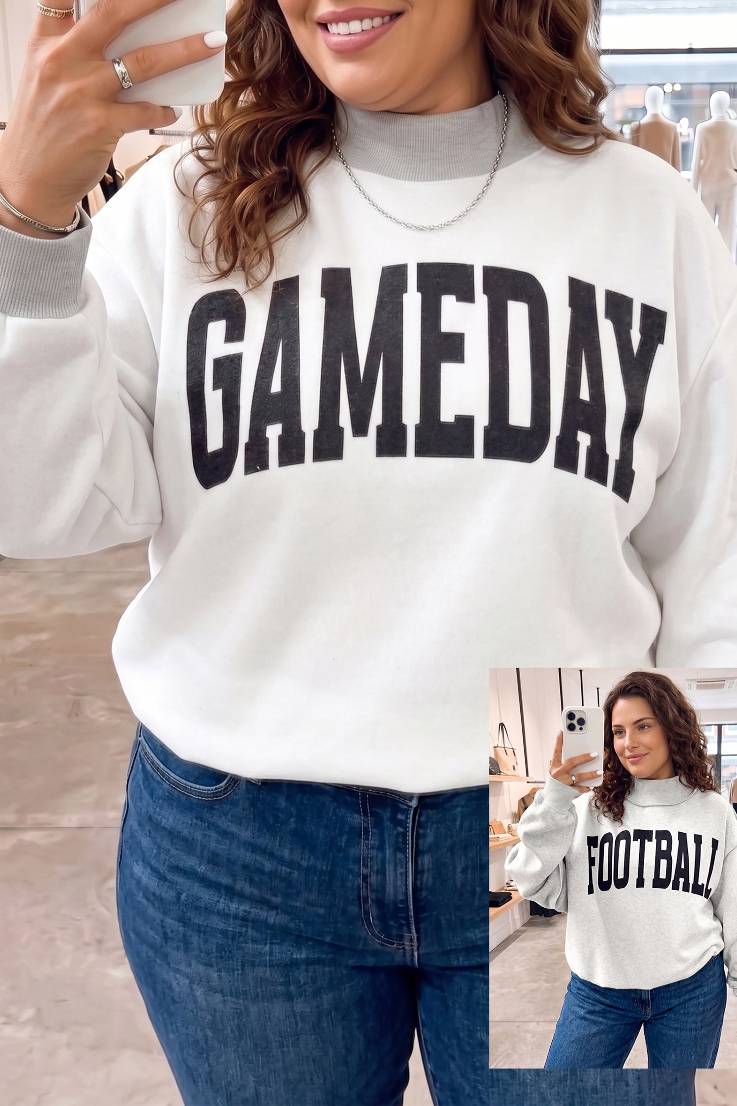 Light Grey GAME DAY/ FOOTBALL Letter Print Reversible Plus Size Sweatshirt-Plus Size/Plus Size Sweatshirts & Hoodies-[Adult]-[Female]-Light Grey-1X-2022 Online Blue Zone Planet