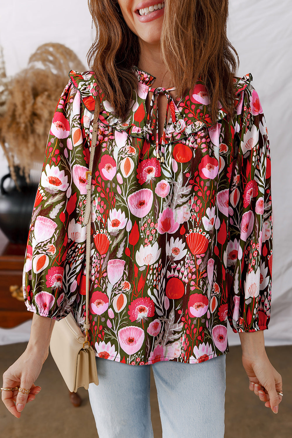 Red Floral Three Quarter Sleeve Lace-up Neck Blouse-Tops/Blouses & Shirts-[Adult]-[Female]-Red-S-2022 Online Blue Zone Planet