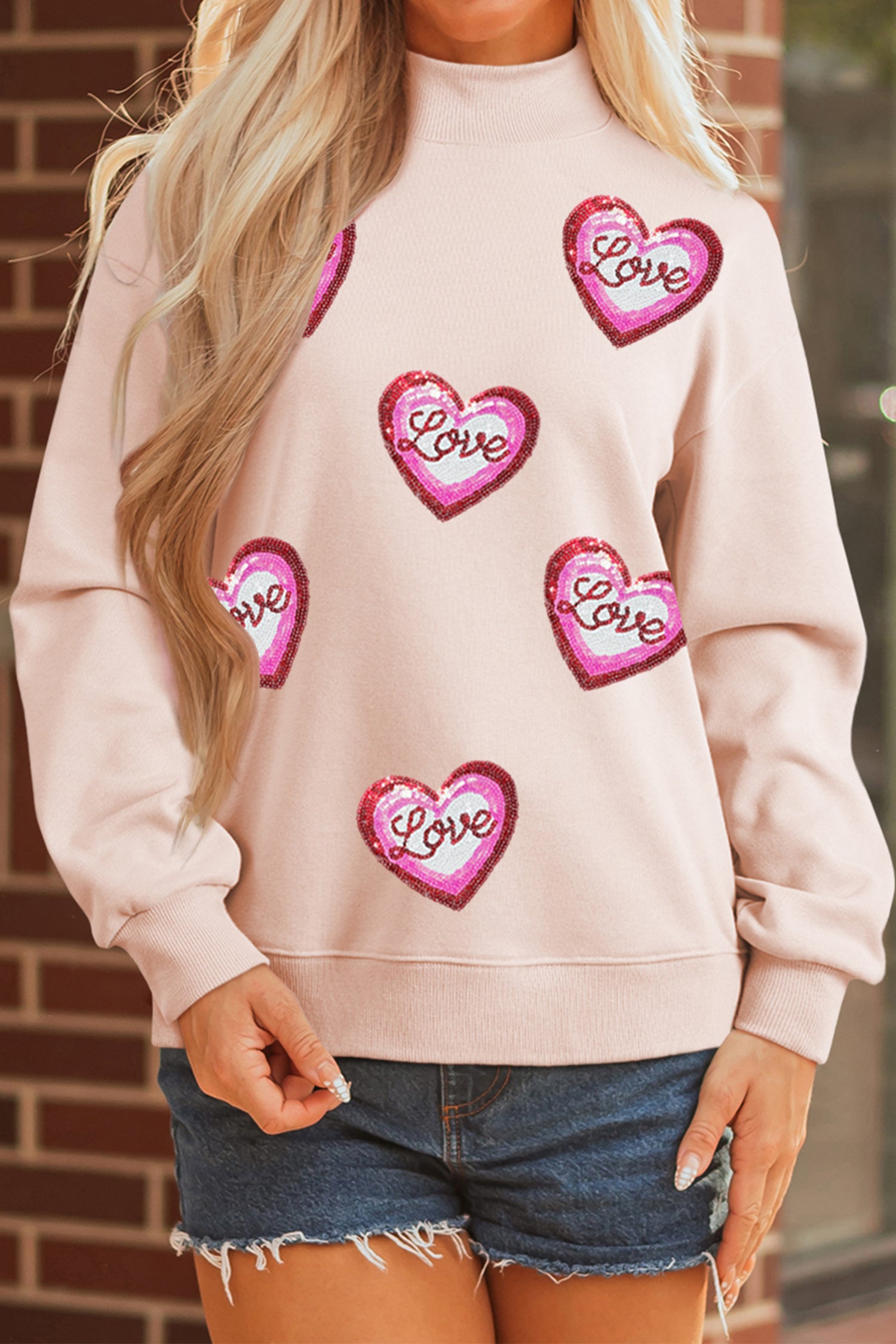 Apricot Pink Sequin Love Heart Patched Mock Neck Sweatshirt-Graphic Sweatshirts-[Adult]-[Female]-Apricot Pink-L-2022 Online Blue Zone Planet