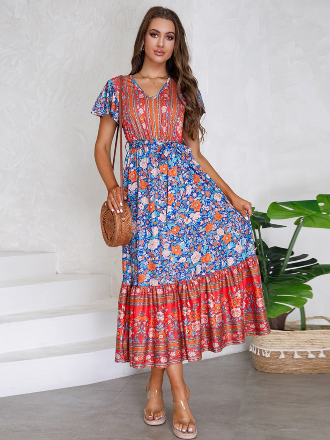 Tied Printed V-Neck Short Sleeve Dress-TOPS / DRESSES-[Adult]-[Female]-2022 Online Blue Zone Planet