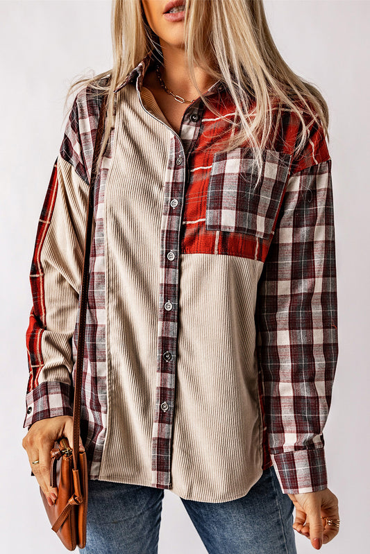 Plaid Corduroy Patchwork Shacket-Outerwear/Plaid Shackets-[Adult]-[Female]-Red-S-2022 Online Blue Zone Planet