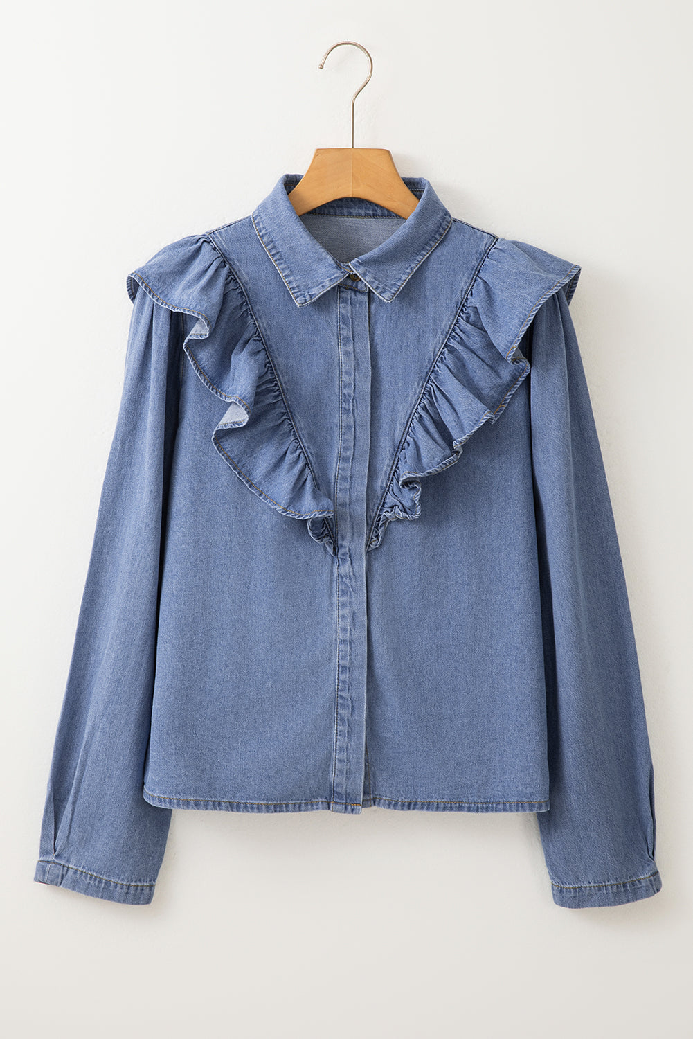 Ruffled Collared Neck Long Sleeve Denim Top-TOPS / DRESSES-[Adult]-[Female]-2022 Online Blue Zone Planet