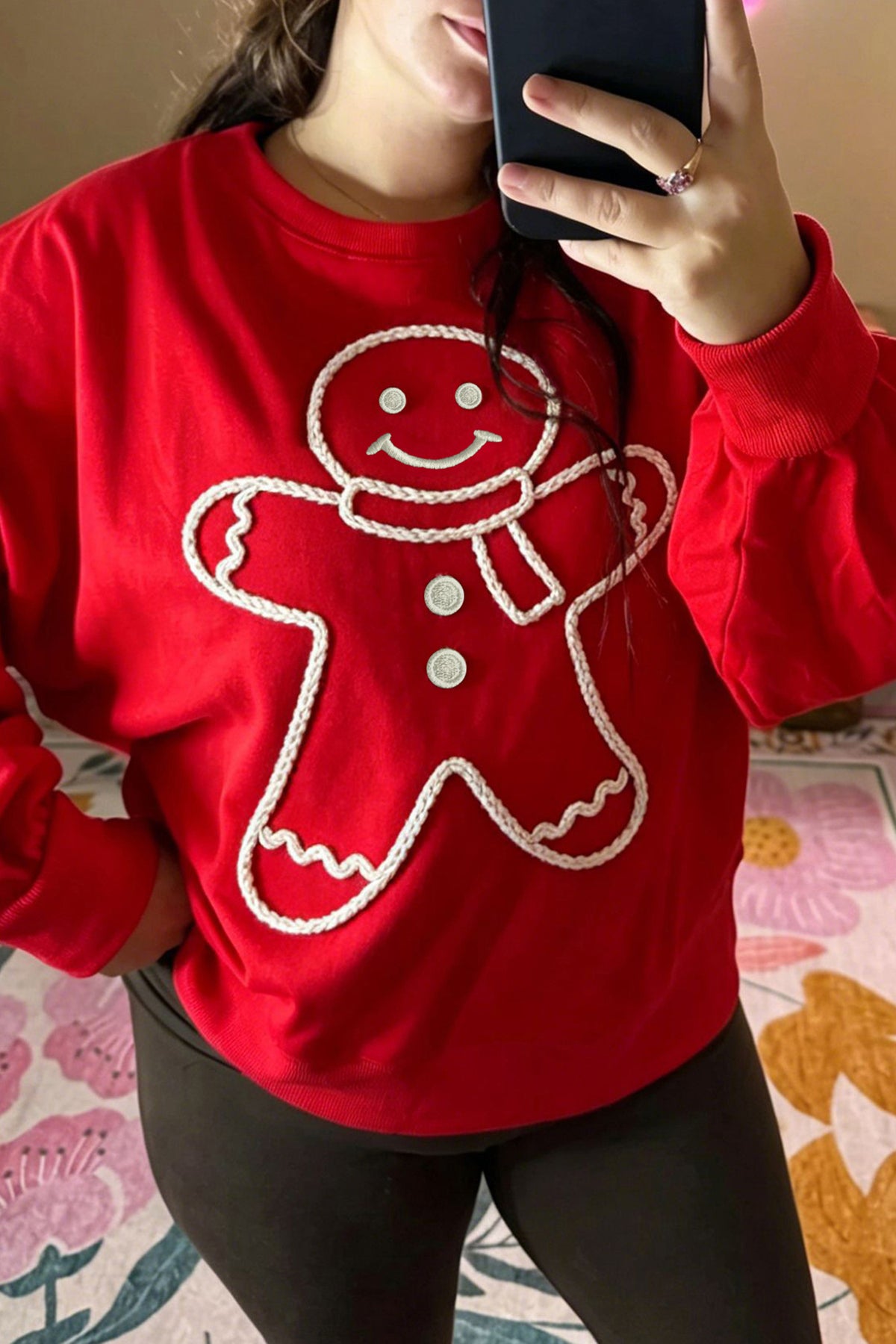 Fiery Red Christmas Embroidered Long Sleeve Casual Round Neck Loose Fit Sweatshirt-Tops/Sweatshirts & Hoodies-[Adult]-[Female]-Fiery Red-S-2022 Online Blue Zone Planet