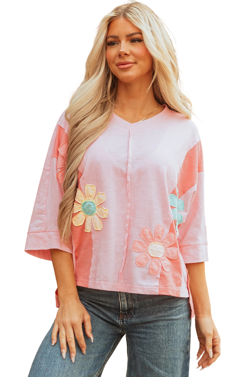 Pink Flower Patched Exposed Seam Bracelet Sleeve Oversized T Shirt-Bracelet-[Adult]-[Female]-2022 Online Blue Zone Planet