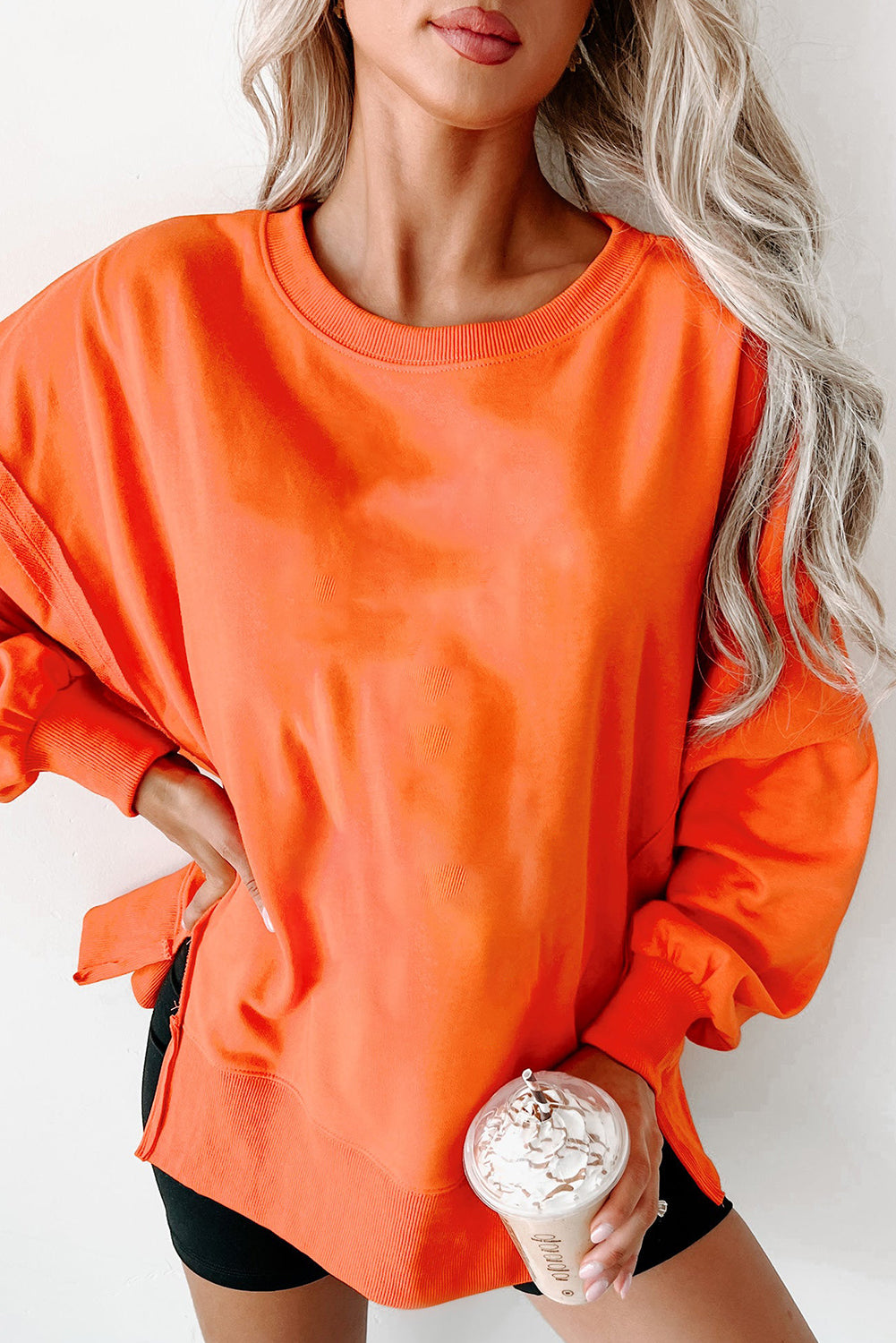 Carrot Exposed Seam Drop Shoulder Round Neck Sweatshirt with Slits-Tops/Sweatshirts & Hoodies-[Adult]-[Female]-2022 Online Blue Zone Planet