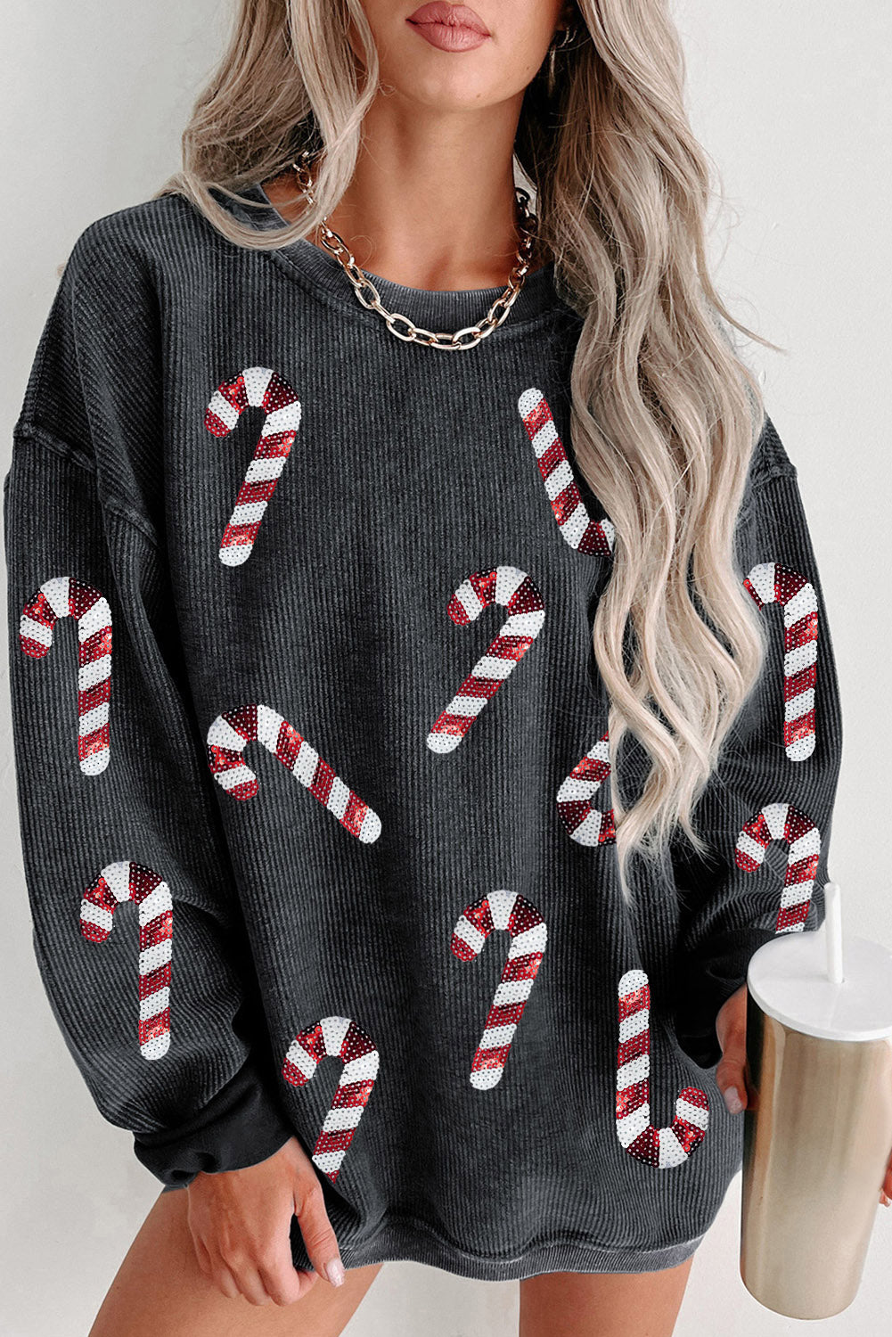 Black Xmas Candy Cane Sequin Graphic Corded Sweatshirt-Graphic/Graphic Sweatshirts-[Adult]-[Female]-Black-S-2022 Online Blue Zone Planet