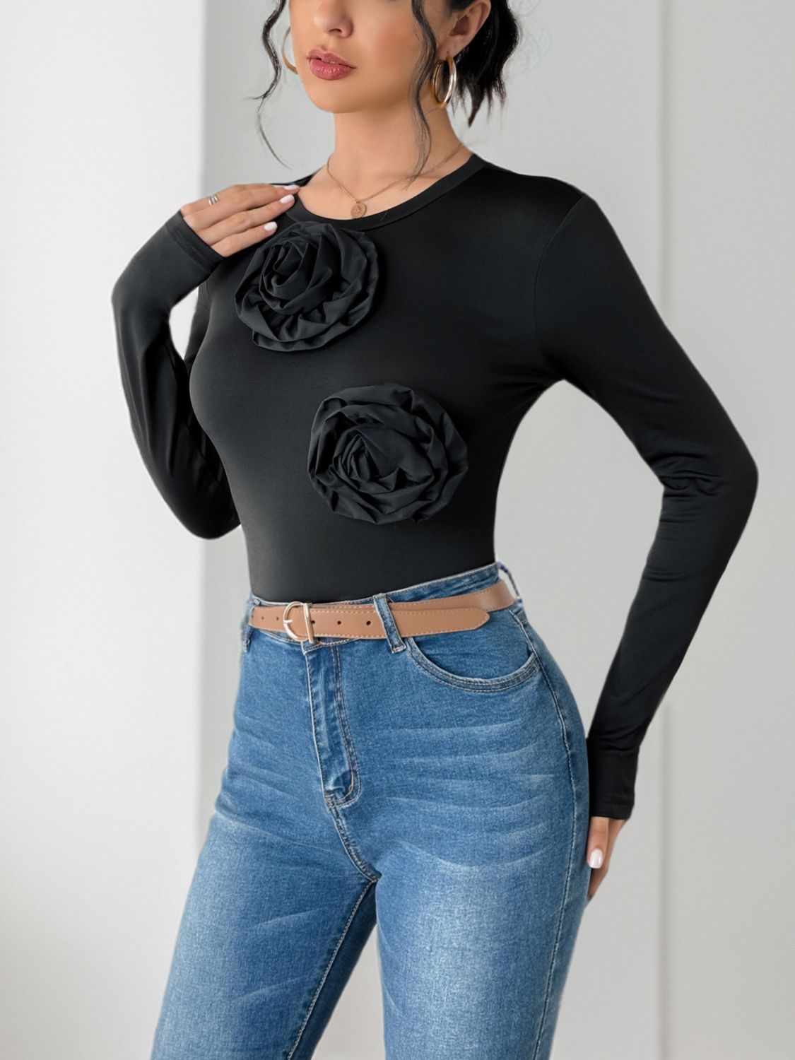 Perfee Flower Round Neck Long Sleeve Bodysuit-TOPS / DRESSES-[Adult]-[Female]-2022 Online Blue Zone Planet