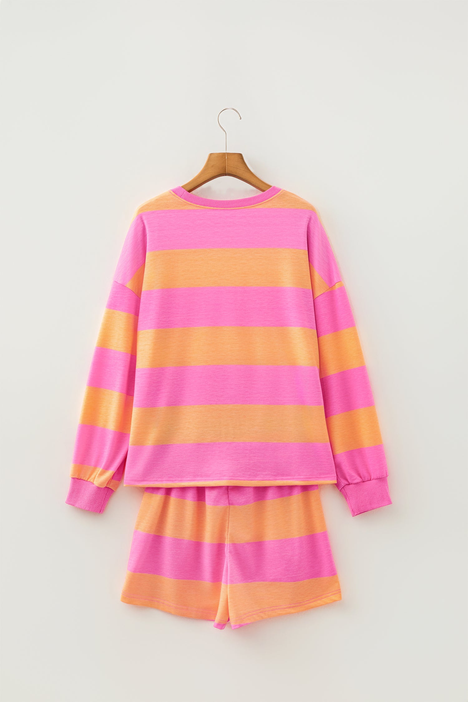 Pink Stripe Long Sleeve Casual Top Drawstring Shorts 2pcs Set-Two Piece Sets/Short Sets-[Adult]-[Female]-2022 Online Blue Zone Planet