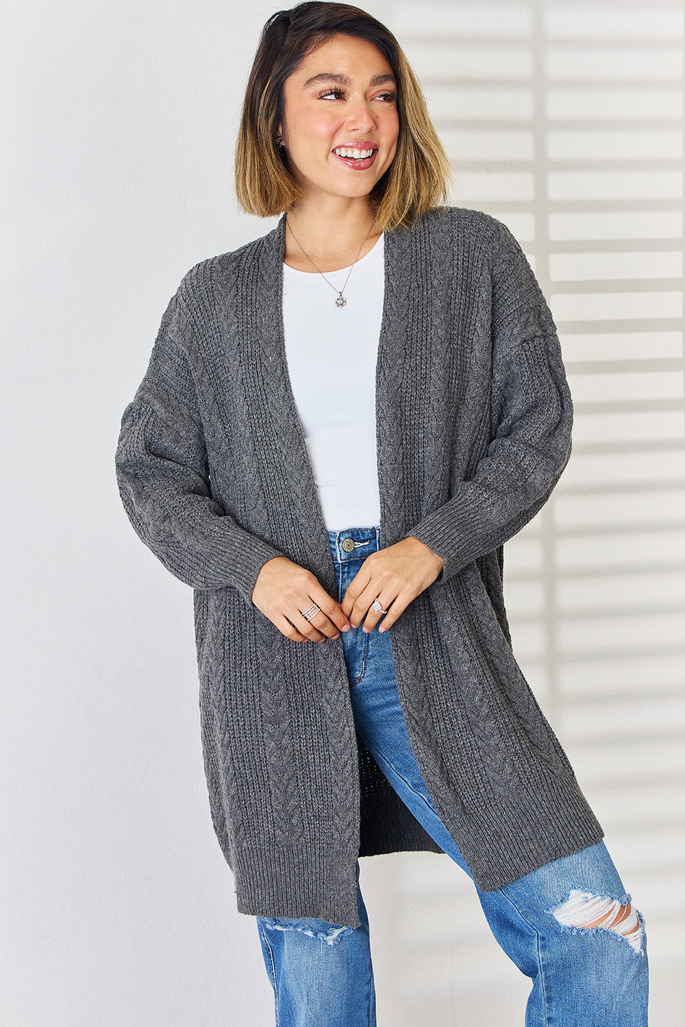 Cable-Knit Open Front Dropped Shoulder Cardigan-TOPS / DRESSES-[Adult]-[Female]-Dark Gray-S-2022 Online Blue Zone Planet